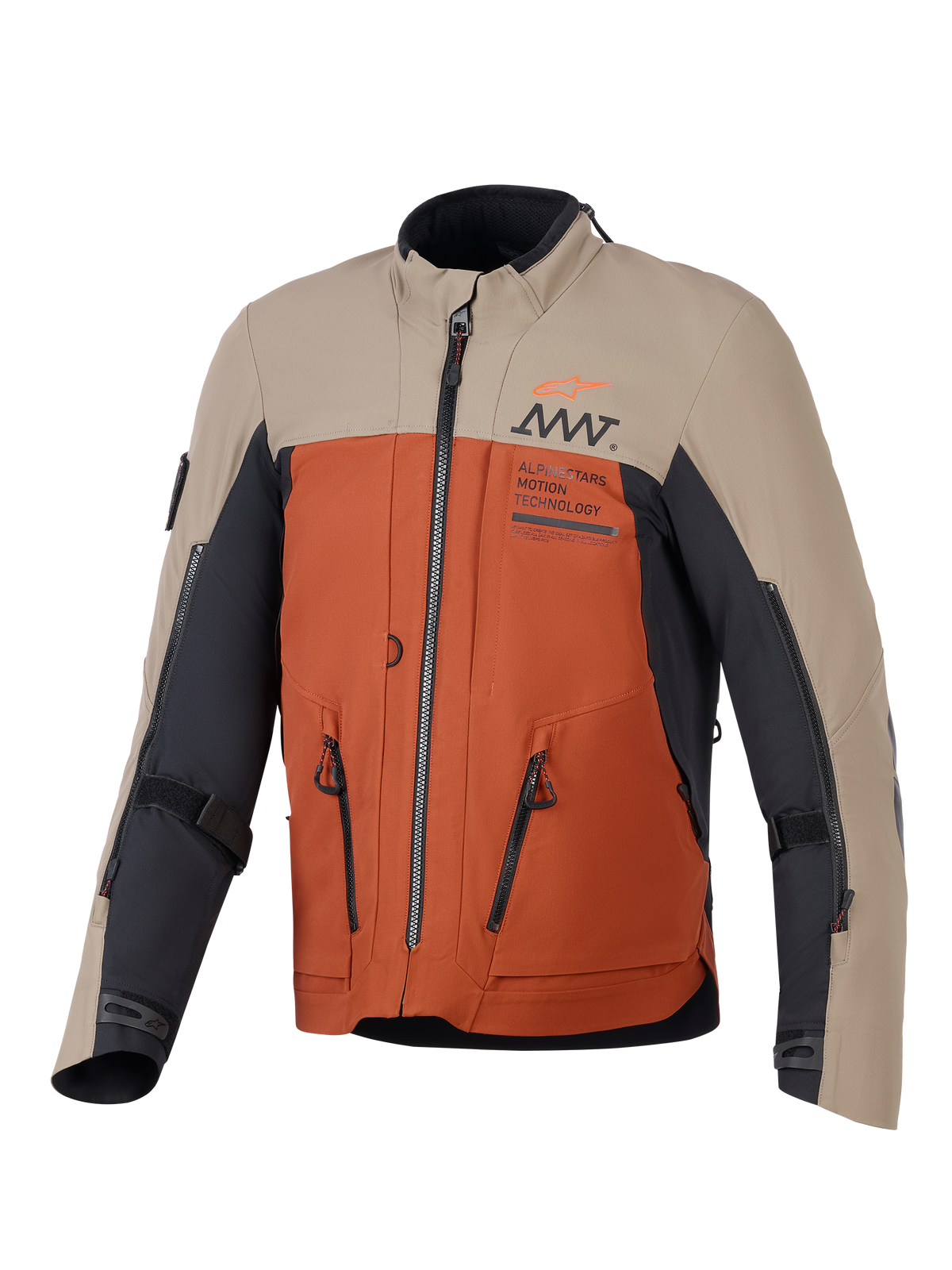 Alpinestars AMT-8 Stretch Drystar® XF Jakke, adventure-motorcykeljakke, Walnut Rust Black farvekombination, med sandfarvede øvre paneler, rustorange torso og sorte detaljer, fremtrædende ventilationslynlåse og AMT-branding på brystet