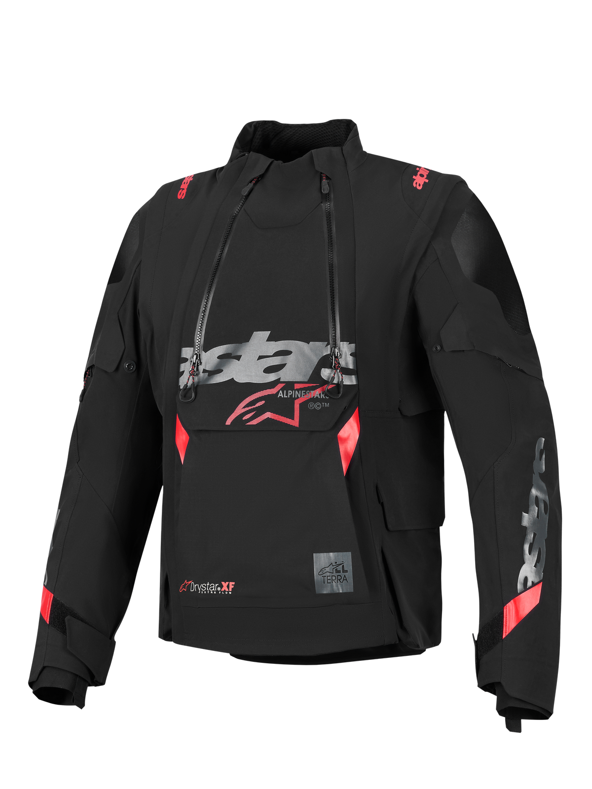 Alpinestars Halo Pro Drystar® XF lamineret jakke, sort med røde og grå detaljer, dobbelte asymmetriske vandtætte lynlåse foran, stort brystlogo, modulært teknisk tekstildesign til adventure-kørsel