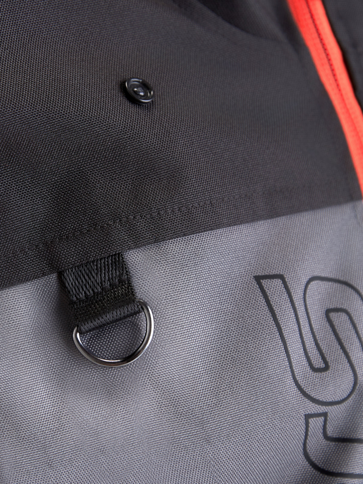 Alpinestars Morfex Parka Waterproof Jacket, men's urban contemporary motorcycle textile jacket in lunar gray and black, close-up detail showing durable polyfabric construction, D-ring attachment, and waterproof design features