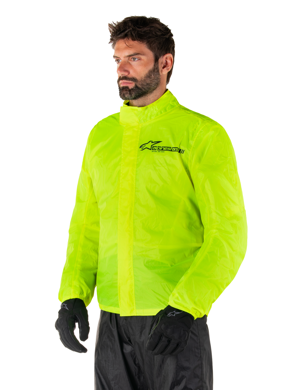 Alpinestars Hurricane Rain V2-jakke, Yellow Fluo, meget synlig fluorescerende gul vandtæt motorcykelregnjakke, dobbelt klaplukning foran, Alpinestars-logo på brystet, letvægts og sammenpakkeligt design til kørsel i vådt vejr