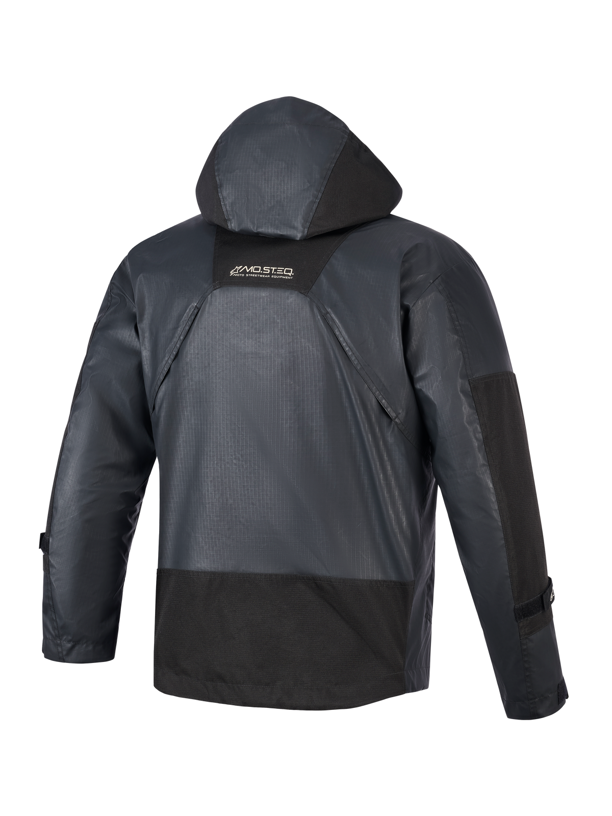 Alpinestars Mospher Waterproof Jacket, Motorcycle Parka, Black, rear view showing integrated hood and ripstop fabric construction, MO.ST.EQ branding on upper back, tactical urban design for all-weather riding