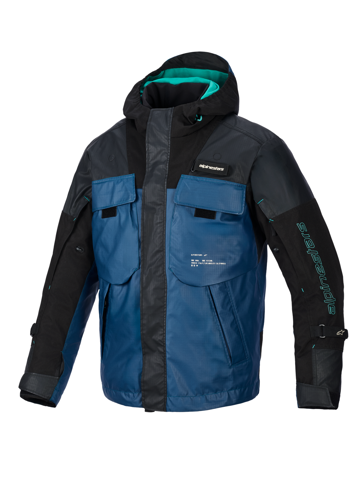 Alpinestars Mospher Waterproof Jacket, All-season motorcycle parka, Black and Dark Petrol with teal accents, tactical vest-inspired design featuring multiple large pockets, durable ripstop fabric, and integrated hood for urban commuting