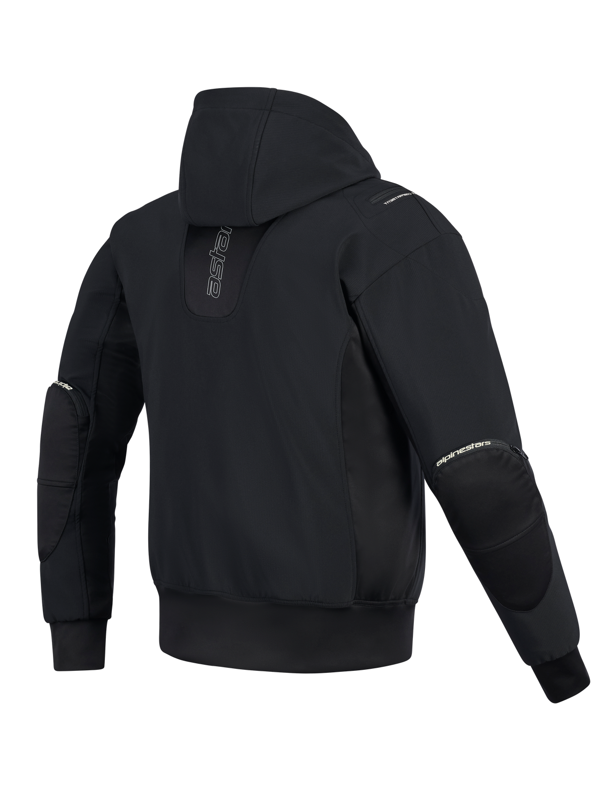 Alpinestars Moblast Vandtæt Jakke, set bagfra, sort, urban motorcykel-hættetrøje med lodret branding på ryggen, teknisk softshell- og ripstop-konstruktion med fast hætte og udvendige lynlåse til albuebeskyttere