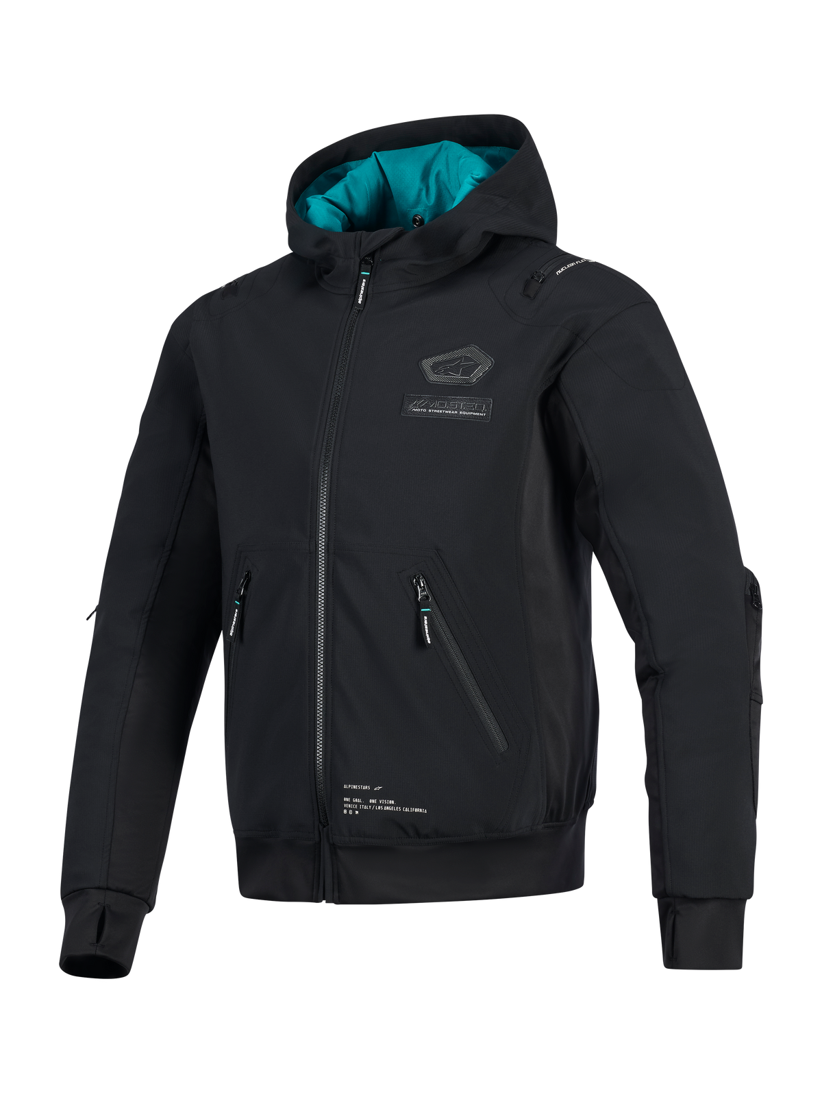 Alpinestars Moblast vandtæt jakke, sort med petroleumsblåt hættefor, teknisk softshell motorcykeljakke med 3D-lynlåslommer, integrerede tommelfingerhuller og Alpinestars-branding på brystet, urbant køreudstyr
