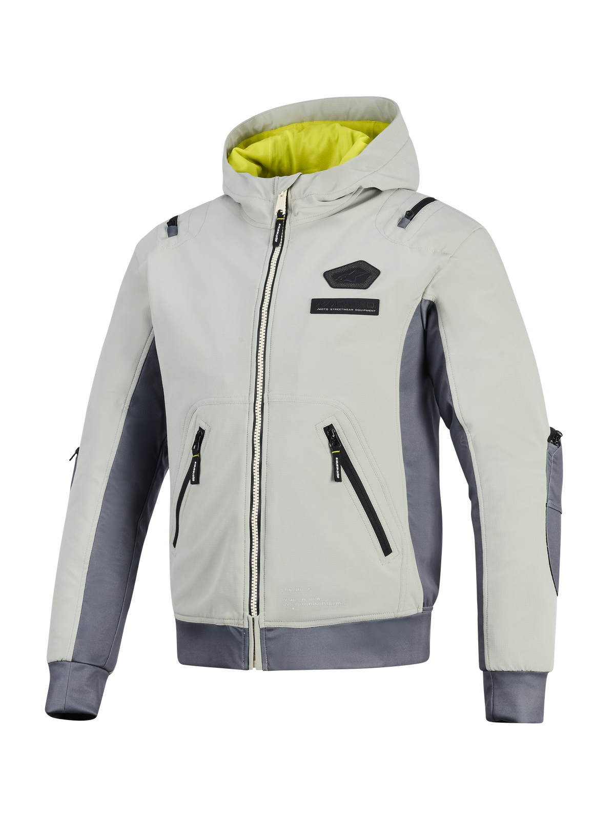 Alpinestars Moblast vandtæt jakke, Iron Gray og Dark Sage, motorcykeljakke med hætte og klart gult for, lysegrå tekstilhoveddel med mørkegrå sidepaneler, udstyret med vandtætte lynlåse og logo på brystet