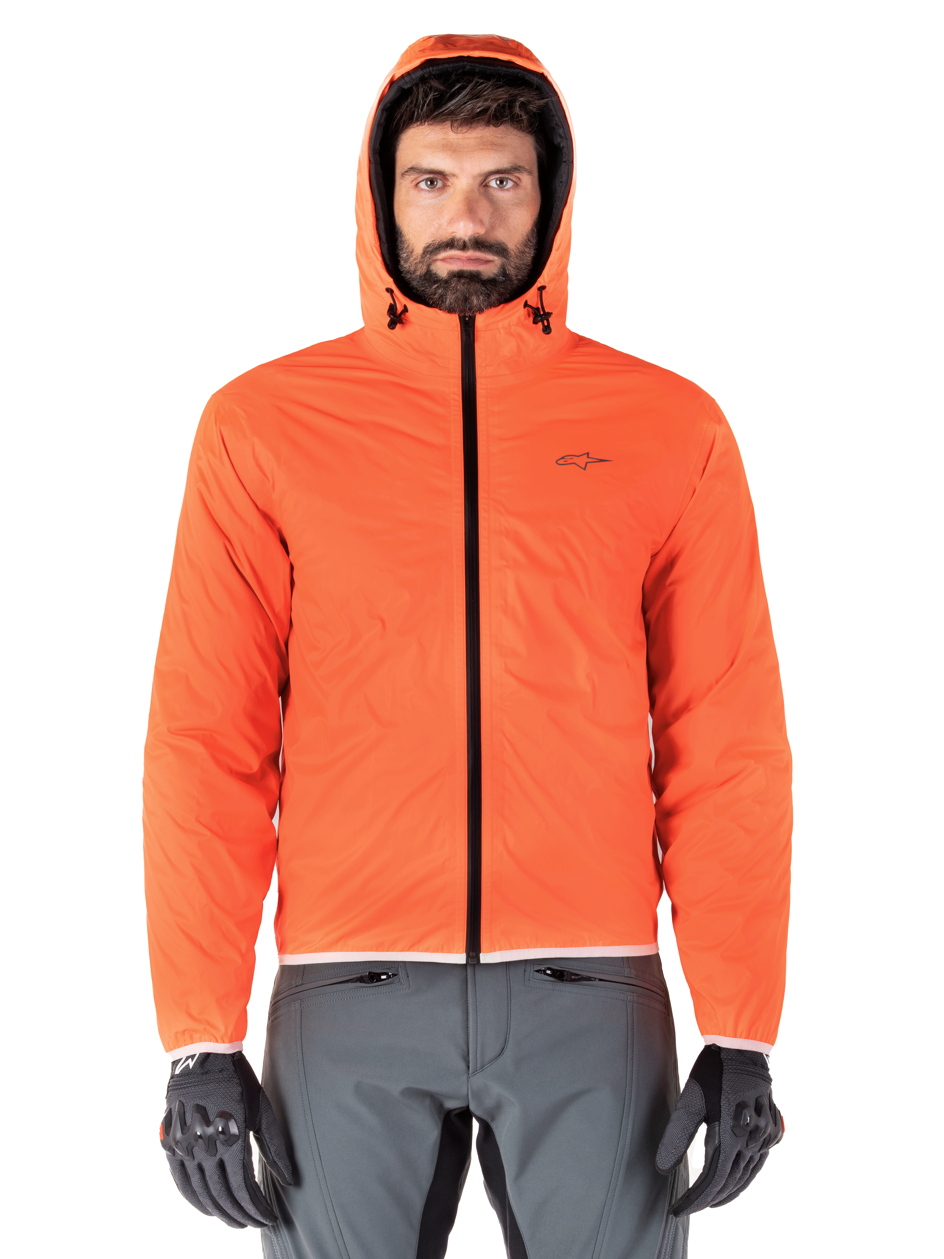 Alpinestars Mohobbs vandtæt jakke, polstret motorcykel-bomberjakke, sort og neonorange, quiltet design med stormtæt hætte, urban streetwear-inspireret køreudstyr