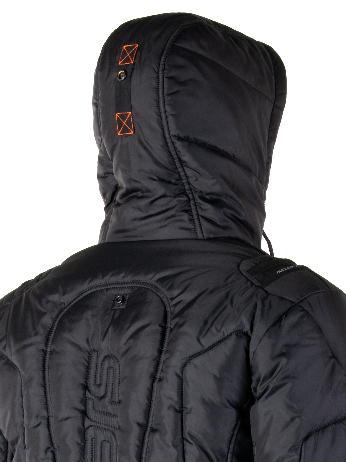 Alpinestars Mohobbs vandtæt jakke, polstret motorcykel bomberjakke, sort og neon-orange, quiltet tekstur med isoleret polstring, har hætte og lynlås foran, moderne urban streetwear til kørsel