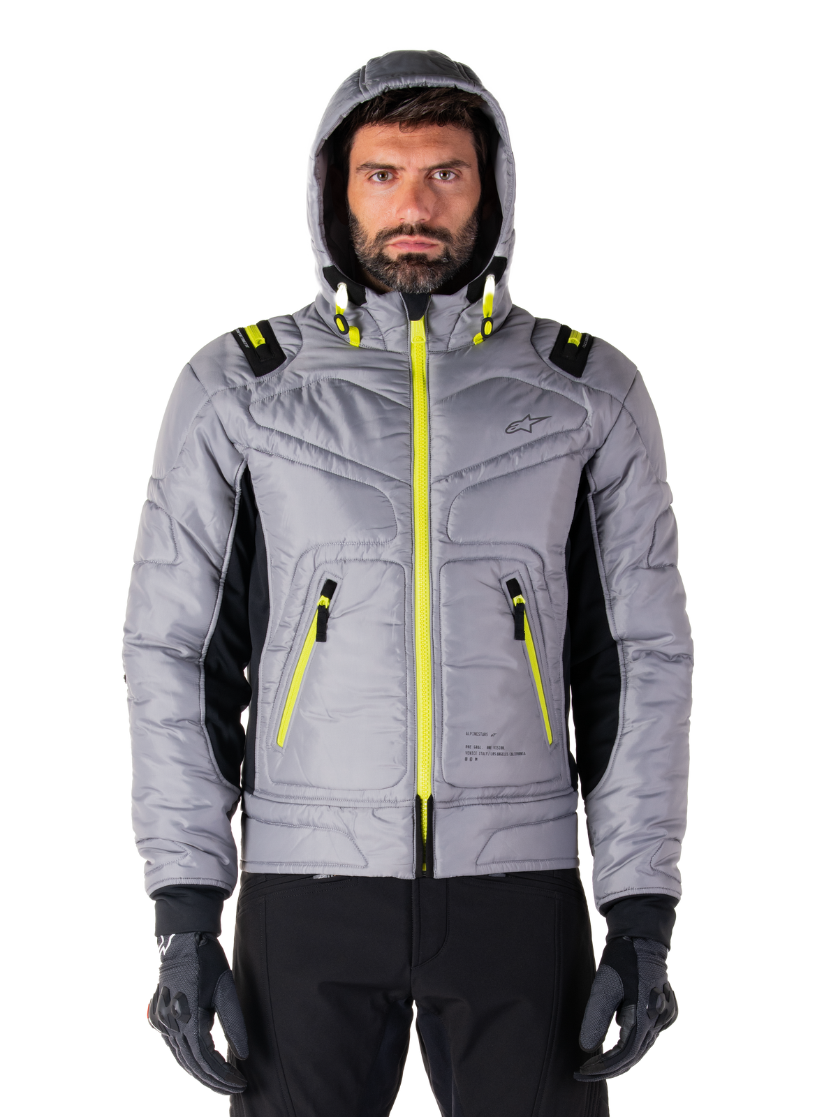 Alpinestars Mohobbs vandtæt jakke, motorcykel-bomberjakke, Lunar Gray og Lime Punch, quiltet design med klare neongule lynlåse og hættedetaljer, moderne urban moto-streetwear.