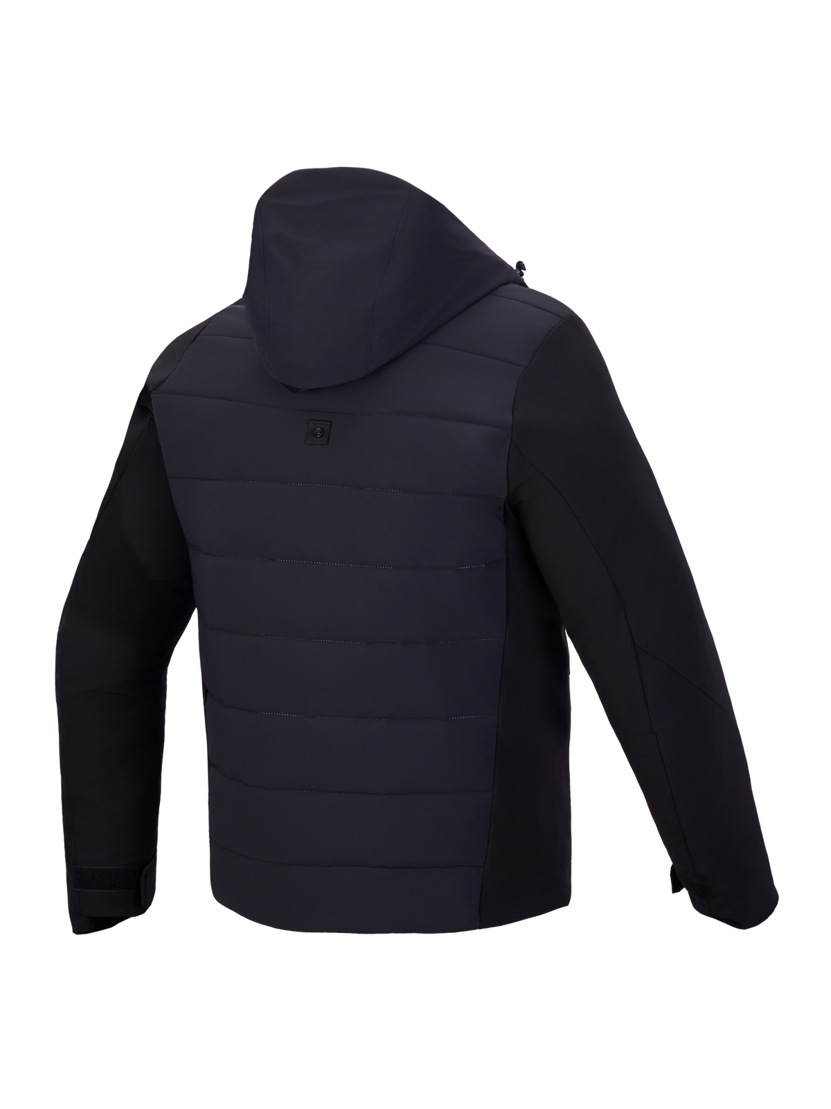 Alpinestars Therma Tech WP jakke, sort vandtæt herre-motorcykeljakke til urban pendling set bagfra med integreret hætte og vatteret konstruktion