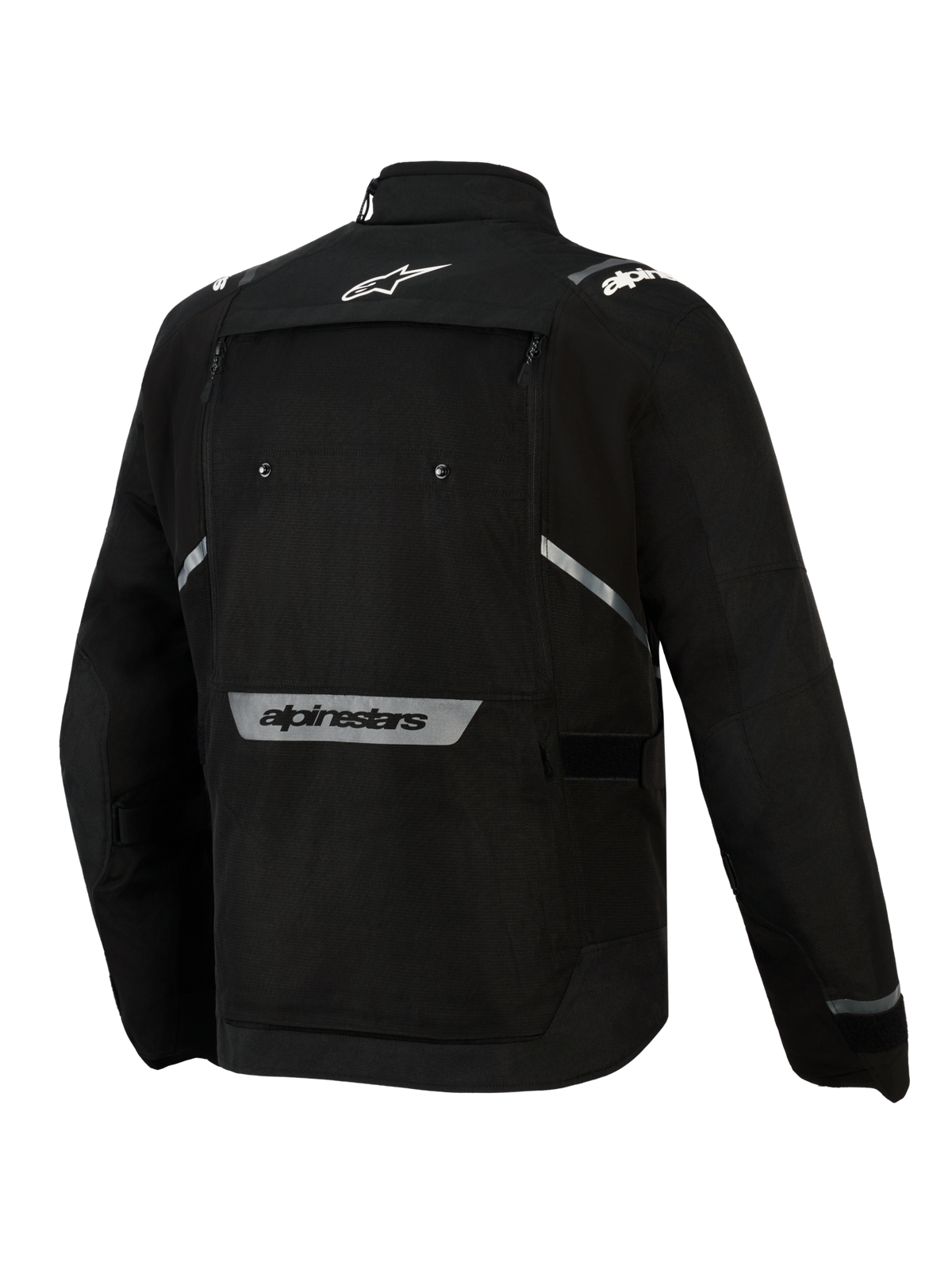 Alpinestars Cusco Drystar® jakke, sort adventure touring-motorcykeljakke, herre, tekstil med reflekterende logoer, set bagfra.