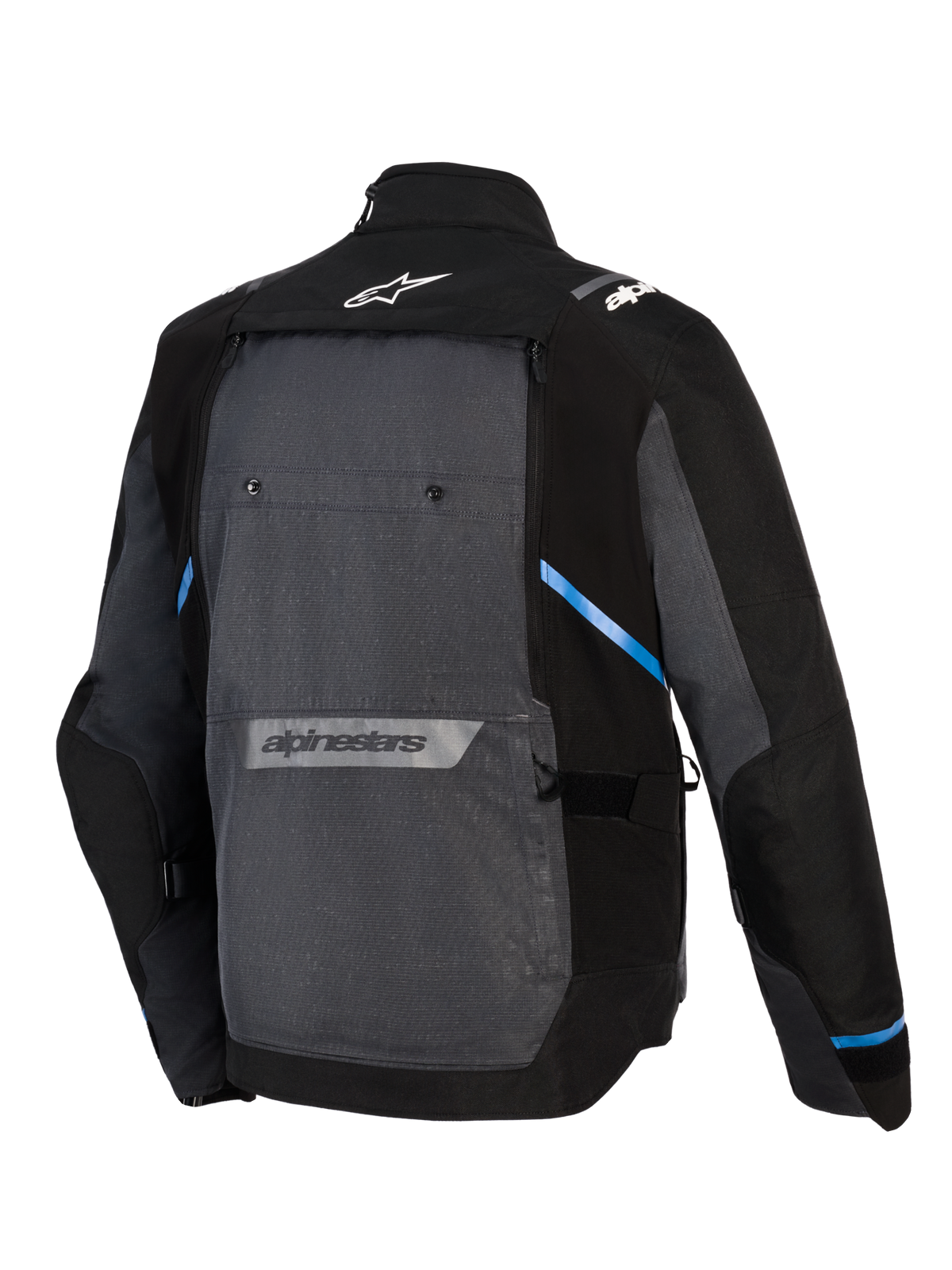Alpinestars Cusco Drystar® jakke, adventure touring motorcykeljakke, sort og mørkegrå, set bagfra med stort gråt rygpanel, blå detaljer, Alpinestars-logoer på øvre og nedre ryg og slidstærk ripstop-tekstilkonstruktion
