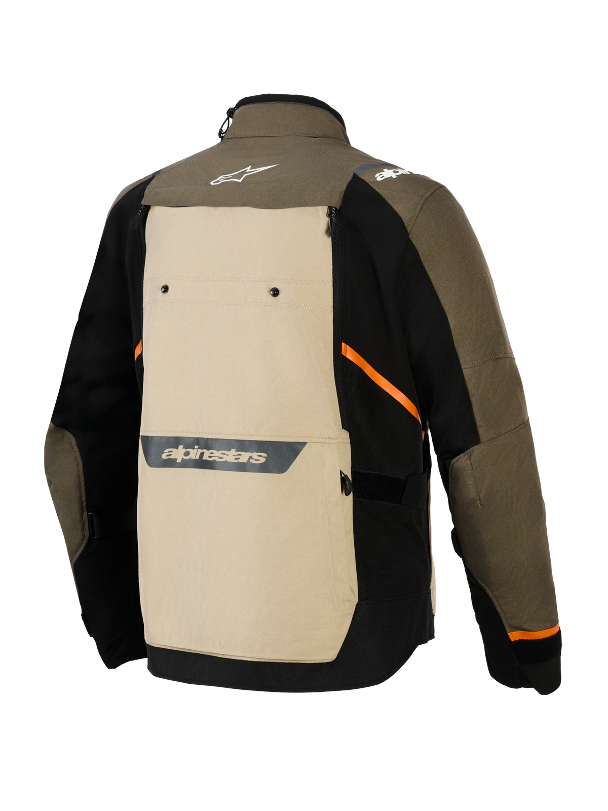 Alpinestars Cusco Drystar® jakke, set bagfra, Walnut Aluminum Black, tekstil adventure-motorcykeljakke med et stort beige rygpanel, orange diagonale detaljer og reflekterende logoer på en brun og sort yderskal.