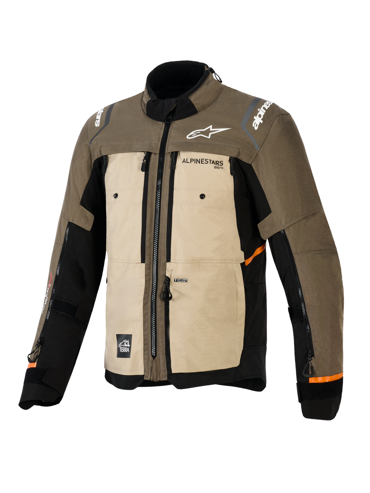 Alpinestars Cusco Drystar® jakke, Walnut Aluminum Black, adventure touring-motorcykeljakke, set fra siden forfra, tekstilkonstruktion med beige og brune paneler, ventilationsåbninger med lynlås, hvide Alpinestars-logoer og orange detaljer på ærmerne