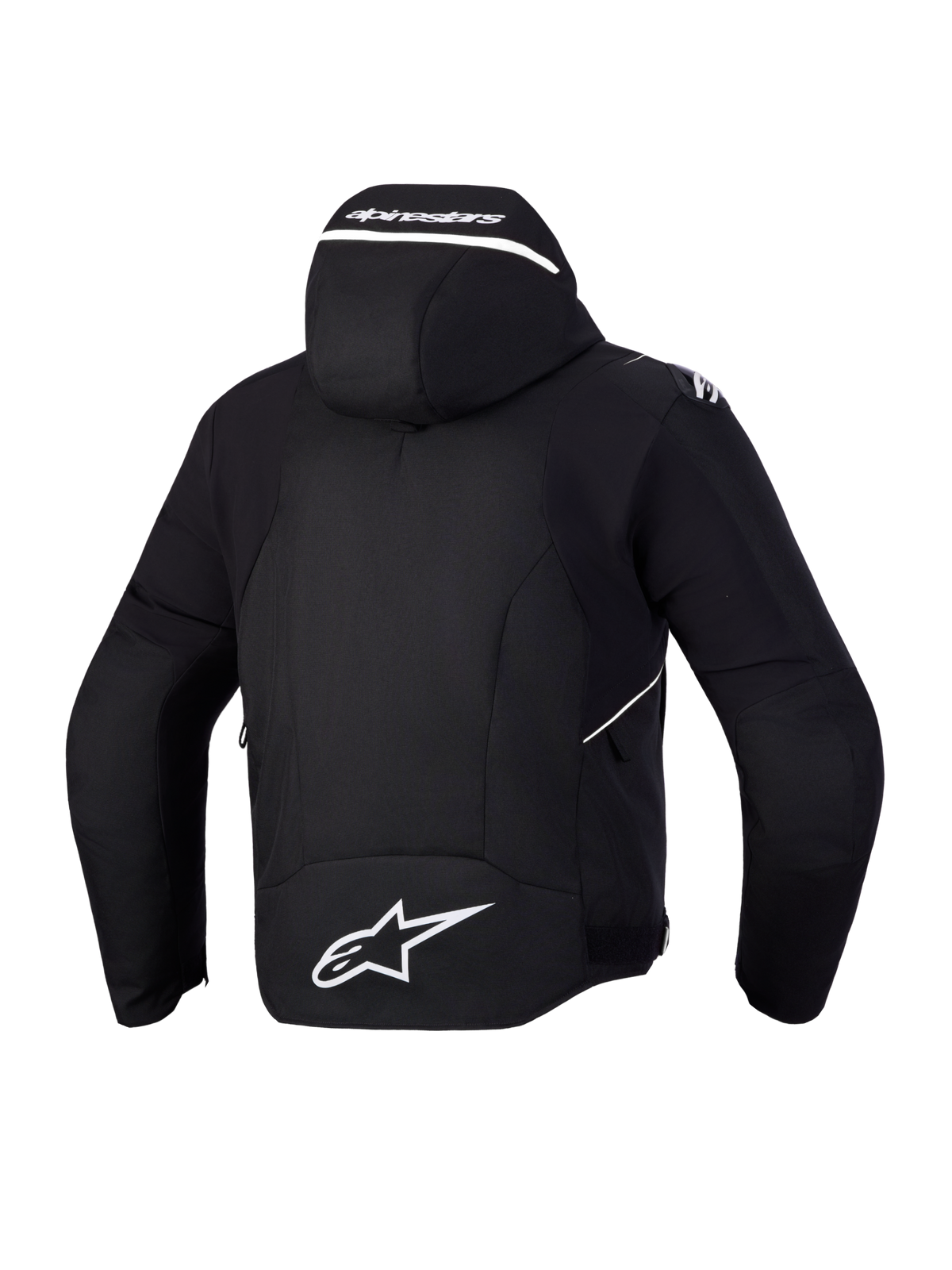 Alpinestars Zaca V 2 Waterproof Jakke, herre-motorcykeljakke, sort med hvide detaljer, set bagfra med integreret hætte og Alpinestars-branding
