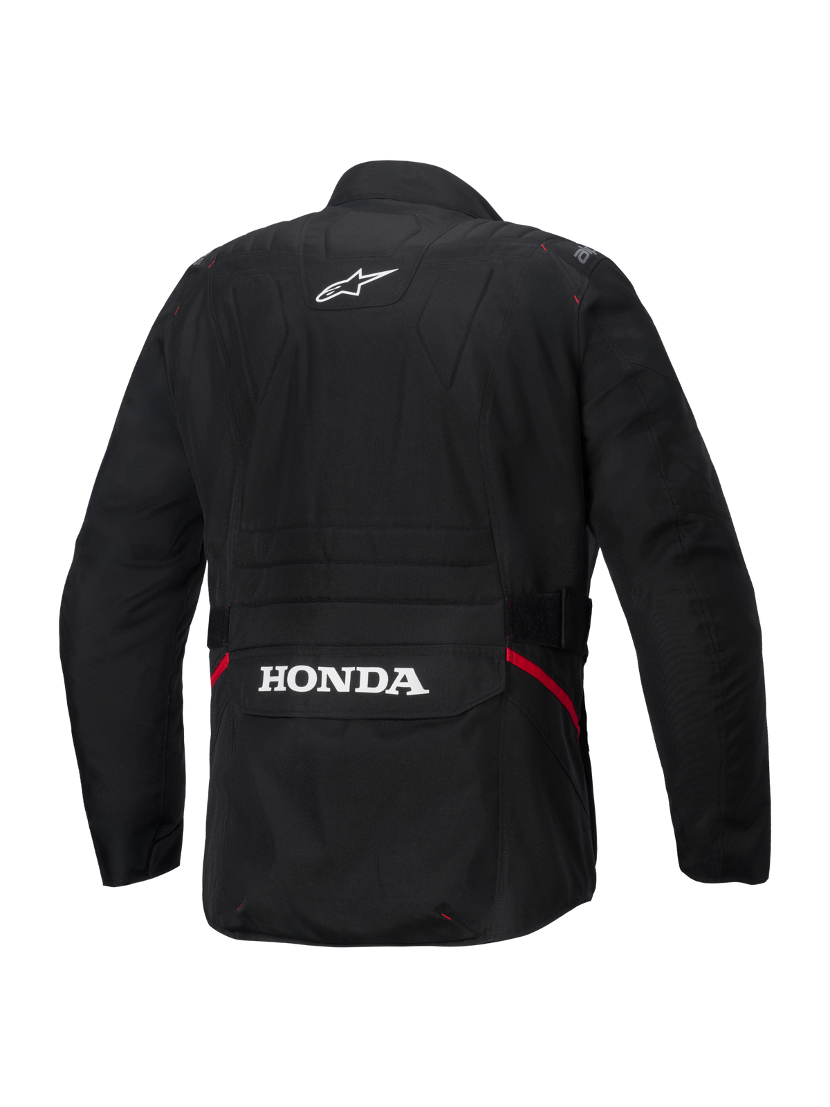 Alpinestars Honda ST-1 vandtæt jakke, set bagfra, sort tekstil, med hvidt Alpinestars-stjernelogo på den øverste del af ryggen og Honda-branding på den bageste cargolomme, røde detaljer på siderne, slidstærk touring-motorcykeljakke