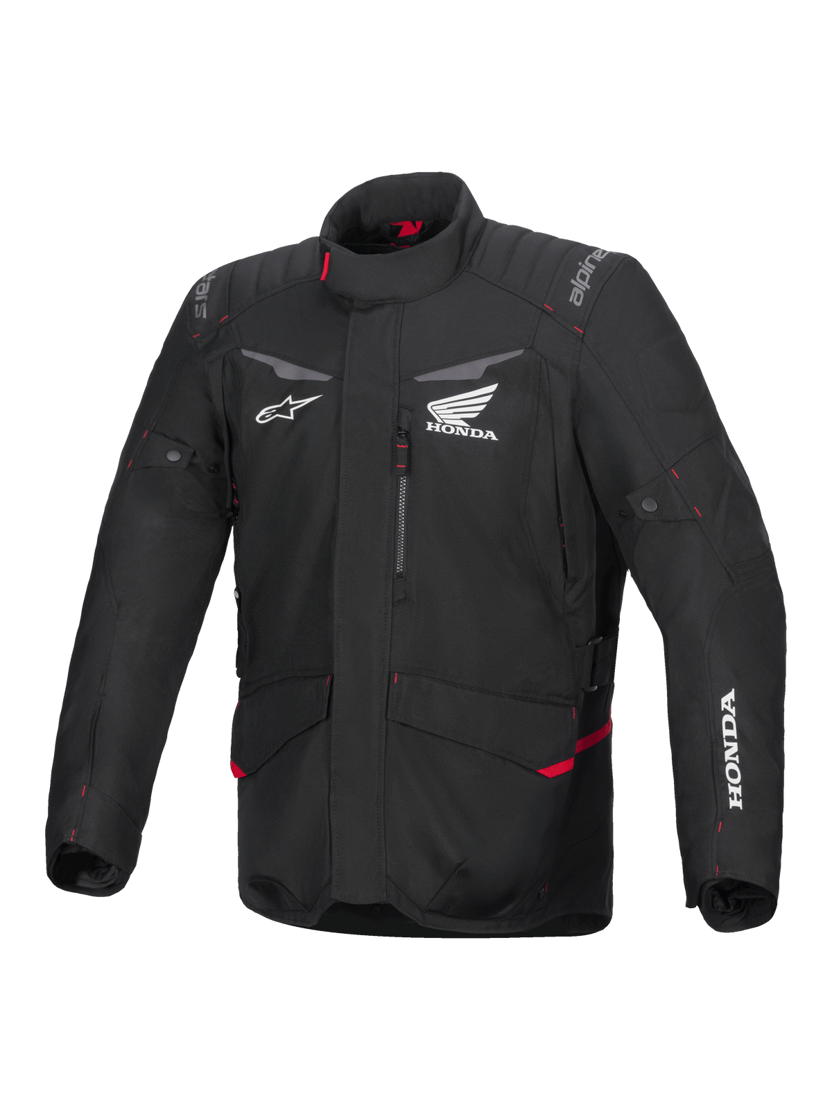 Alpinestars Honda ST-1 vandtæt jakke, motorcykel touringjakke, sort med røde accenter, Honda- og Alpinestars-logoer, høj krave, polstrede skuldre og albuer, lynlåslukning, forlommer