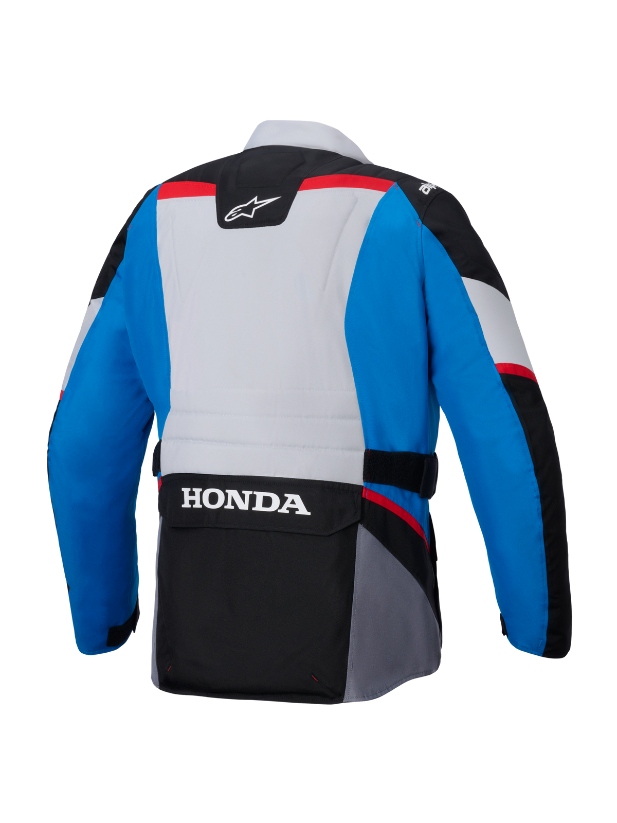 Alpinestars Honda ST-1 vandtæt jakke, set bagfra, blå og lysegrå med sorte paneler og røde detaljer, har et stort hvidt HONDA-logo på den nederste cargolomme, tekstiljakke i adventure touring-stil