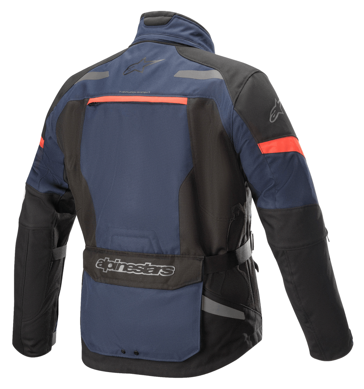 Alpinestars Valparaiso V3 Drystar® jakke, adventure touring-motorcykeljakke, mørkeblå og sort med rød-orange detaljer, set bagfra med en stor værktøjslomme, reflekterende detaljer og ventilationsåbninger.