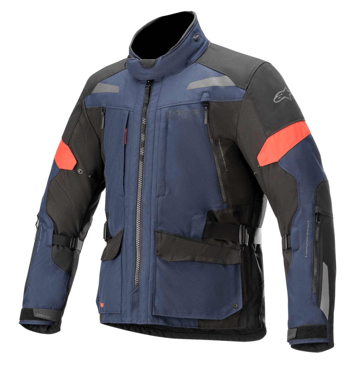 Alpinestars Valparaiso V3 Drystar jakke, motorcykeljakke til touring, mørkeblå og sort med røde detaljer, refleksstriber, flere cargo-lommer med lynlås, justerbare stropper i taljen og på ærmerne, holdbar tekstilkonstruktion til adventure touring