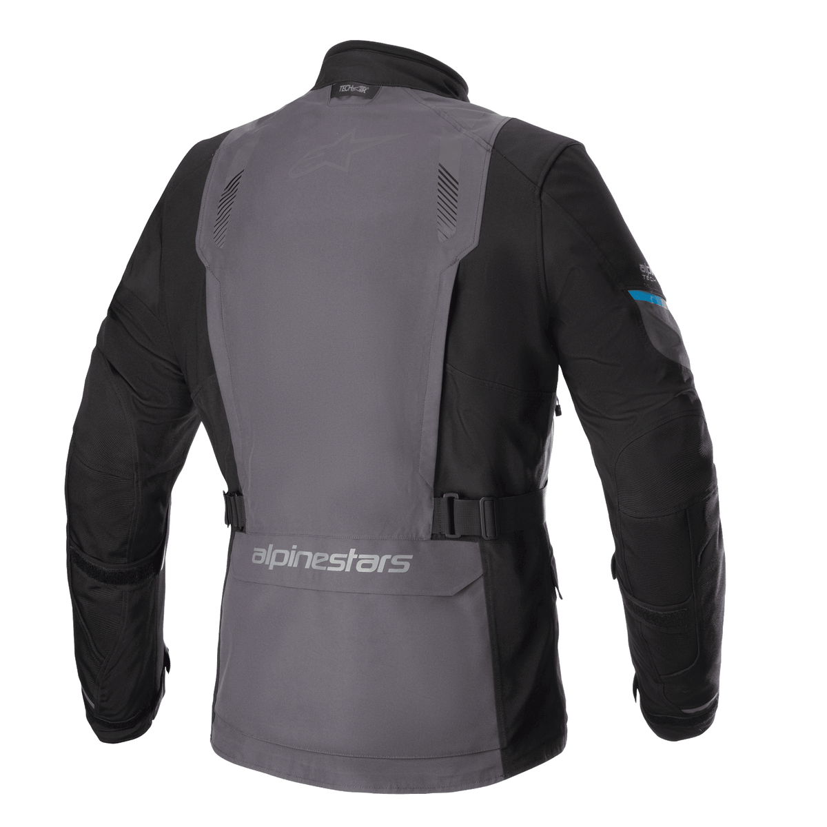 Alpinestars Monteira Drystar® XF jakke, adventure touring motorcykeljakke, Tar Gray og sort med Methyl Blue detaljer, set bagfra med et stort gråt rygpanel, justerbare taljestropper og Alpinestars-branding på den nederste del af ryggen