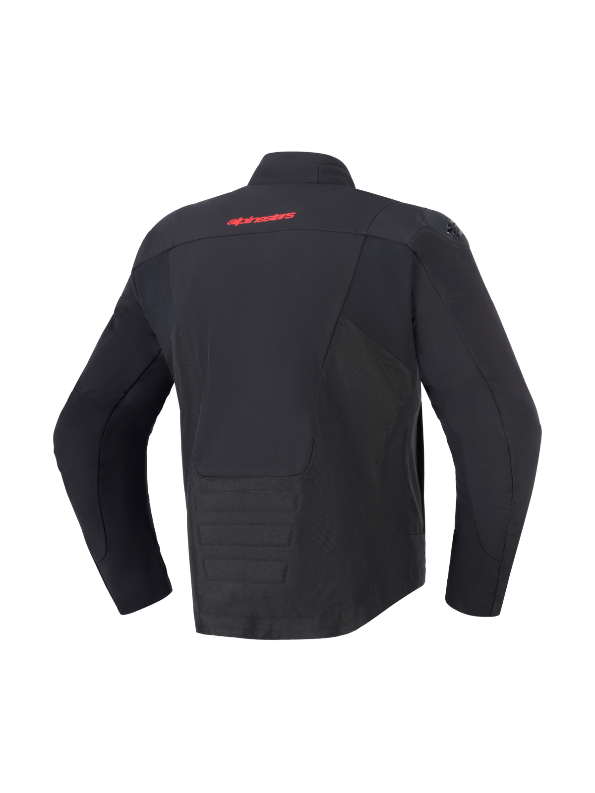 Alpinestars SMX vandtæt jakke, sort, set bagfra med rødt Alpinestars-logo på den øverste del af ryggen, forlænget rygstykke for ekstra dækning, tekstil- og softshell-paneler, beskyttende motorcykeludstyr til vej- og sportskørsel