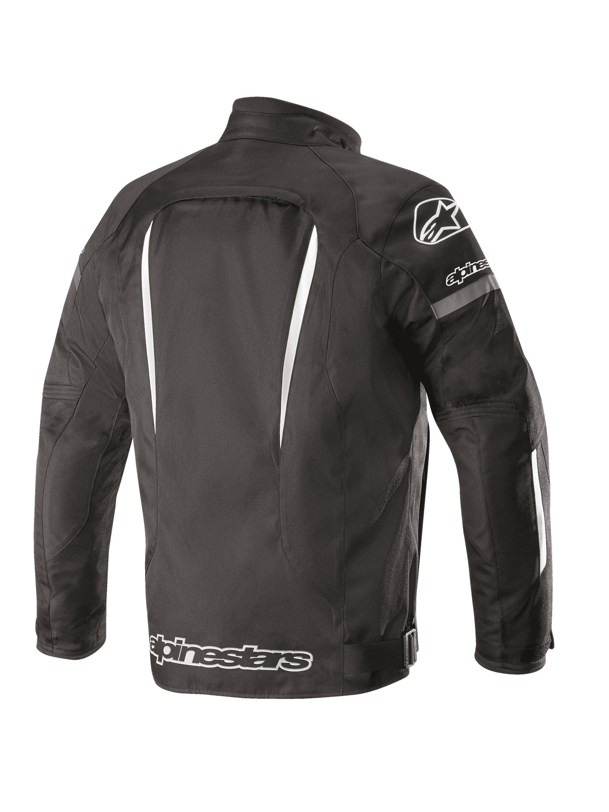 Alpinestars Gunner V2 Waterproof Jacket, set bagfra, sort og hvid, tekstilkonstruktion med lodrette hvide accenter, stort Alpinestars-logo nederst på ryggen og A-star-logo på skulderen, motorcykeludstyr til bykørsel