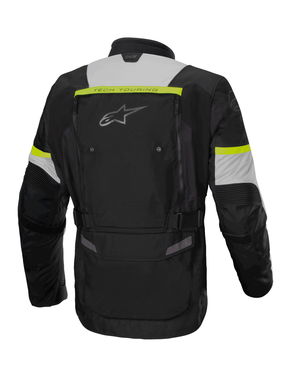 Alpinestars Bogota' Pro Drystar® Jakke, herre-motorcykeljakke til adventure touring, sort, grå og gul fluo, vandtæt tekstil, set bagfra.