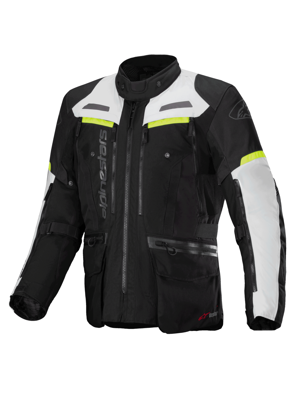 Alpinestars Bogota' Pro Drystar® Jakke, sort og grå herre-motorcykeljakke til adventure touring med gul fluo, CE-godkendt.