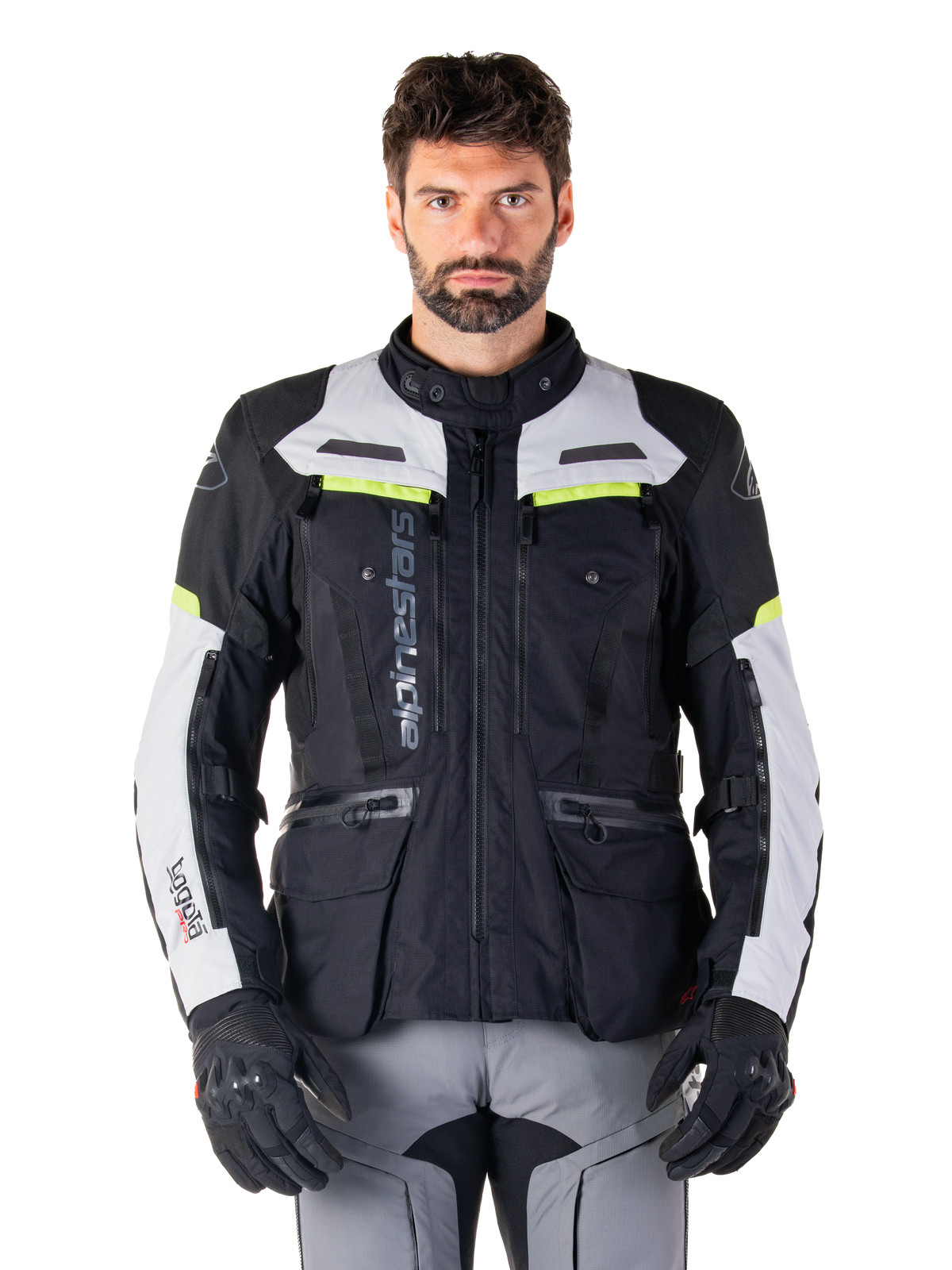 Alpinestars Bogotá Pro Drystar® Jakke, herre-adventure touring-motorcykeljakke i sort og grå med gul fluo.