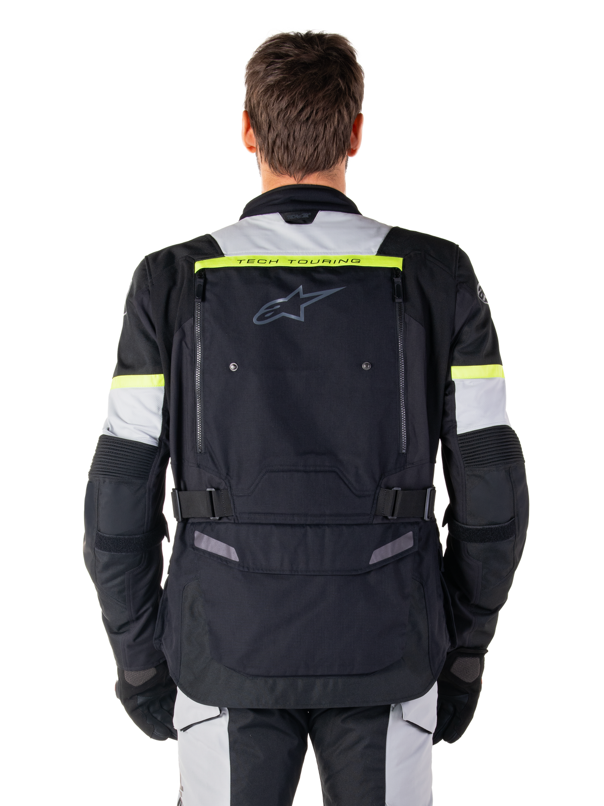 Alpinestars Bogota' Pro Drystar® jakke, sort og gul adventure touring motorcykeljakke, set bagfra.