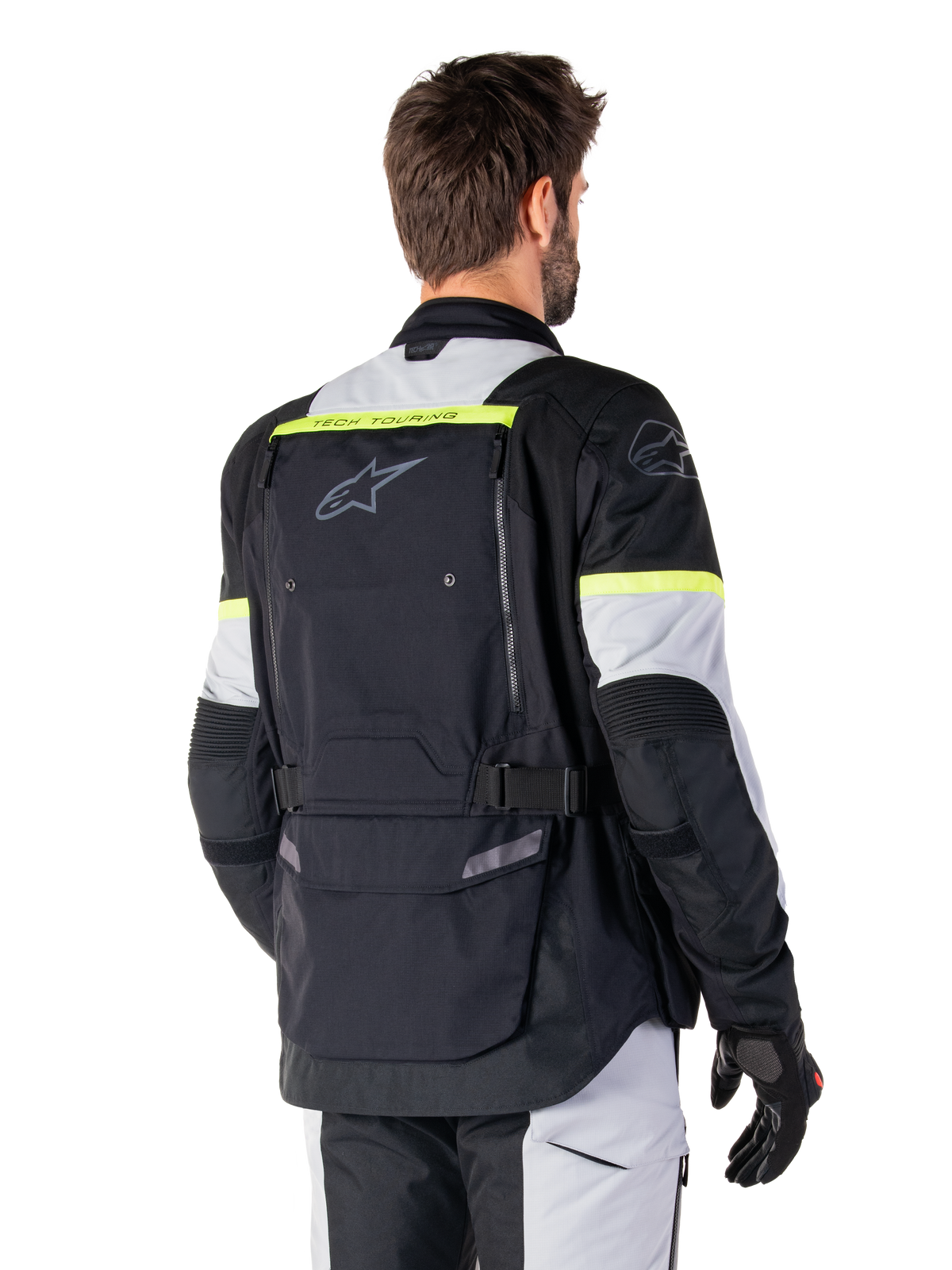 Alpinestars Bogota' Pro Drystar® herre-adventure-touringjakke, sort og gul fluo, tekstil, set bagfra.