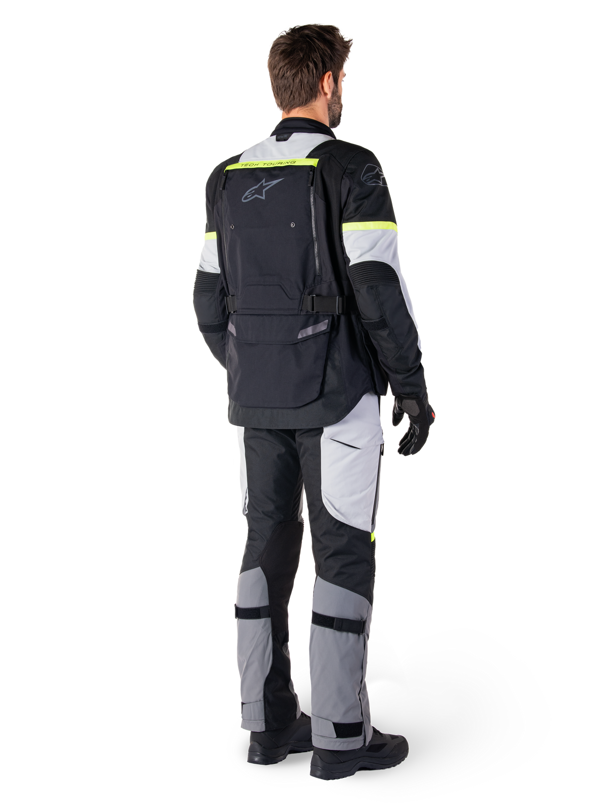 Alpinestars Bogota' Pro Drystar® jakke, herre adventure touring-motorcykeljakke i sort, isgrå og gul fluo, tekstil, set bagfra.