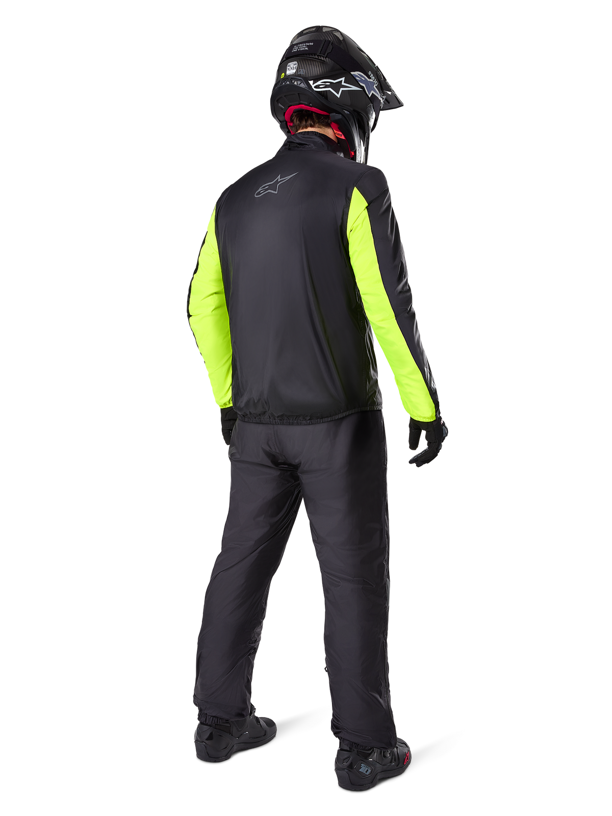 Alpinestars Bogota' Pro Drystar® Jakke, adventuretouring-motorcykeljakke til herrer, sort og gul fluo, vandtæt og åndbart tekstil, set bagfra på rytter.