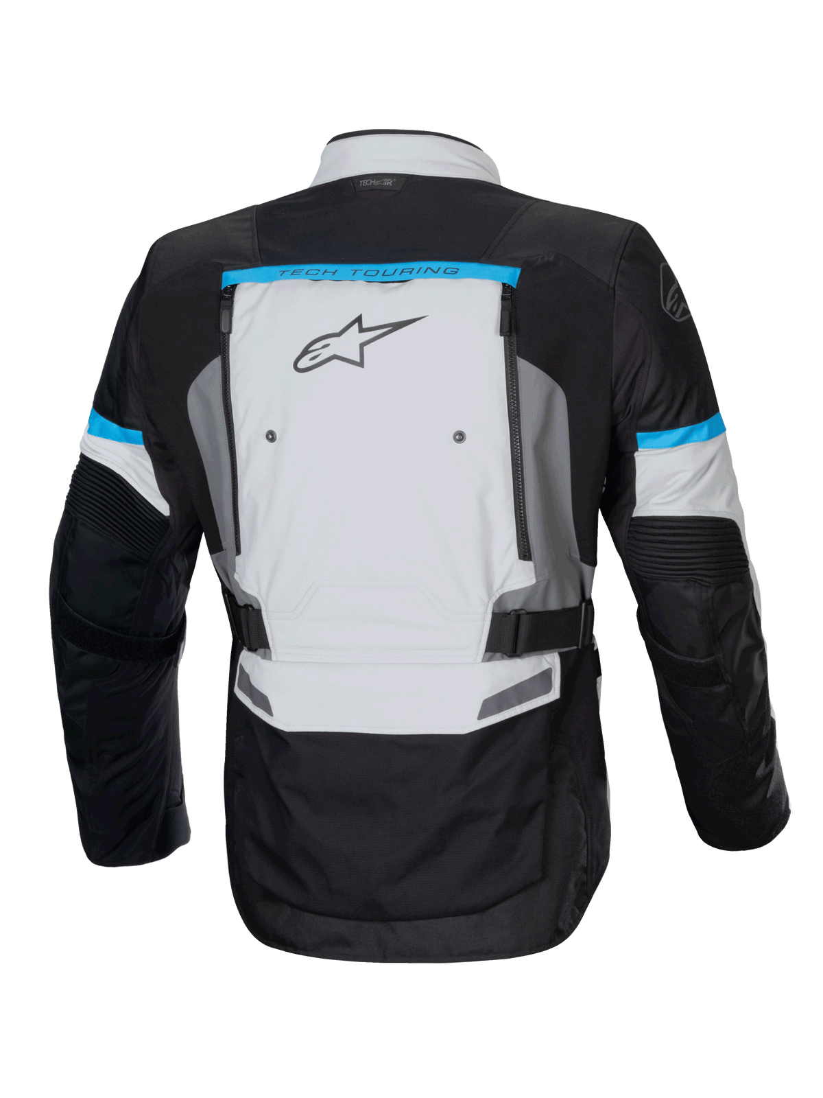 Alpinestars Bogota' Pro Drystar jakke, adventure motorcykeljakke i isgrå og sort med cyan detaljer og bagventilation.
