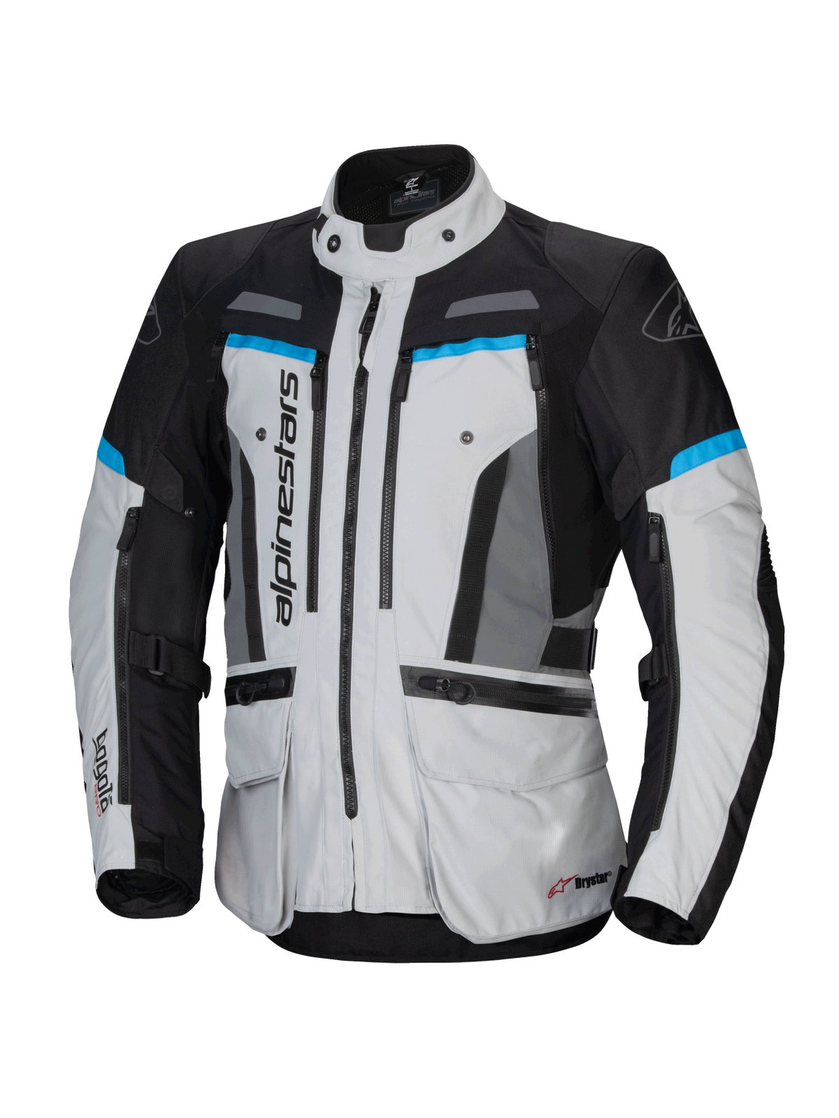 Alpinestars Bogota' Pro Drystar® jakke, adventure touring motorcykeljakke til herrer, isgrå og sort med cyan accenter, vandtæt tekstilkonstruktion, CE-certificeret