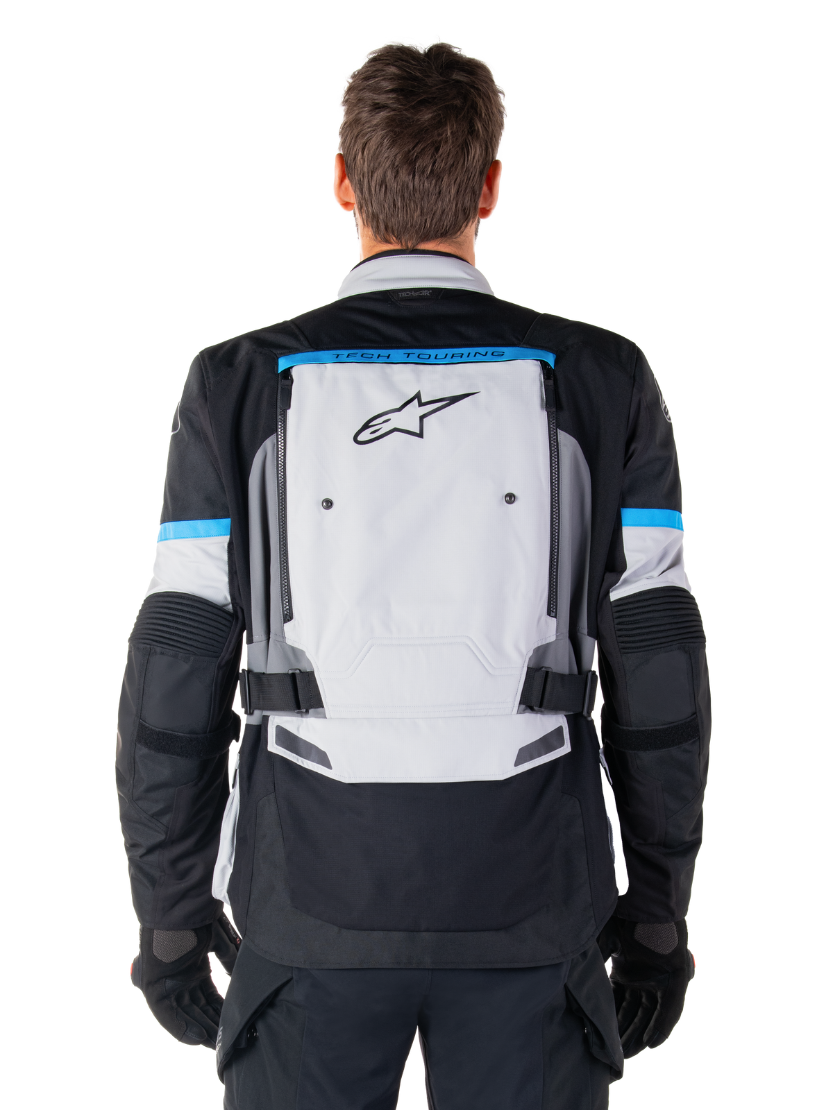 Alpinestars Bogota' Pro Drystar® jakke, adventure-touring motorcykeljakke i isgrå og sort, set bagfra.