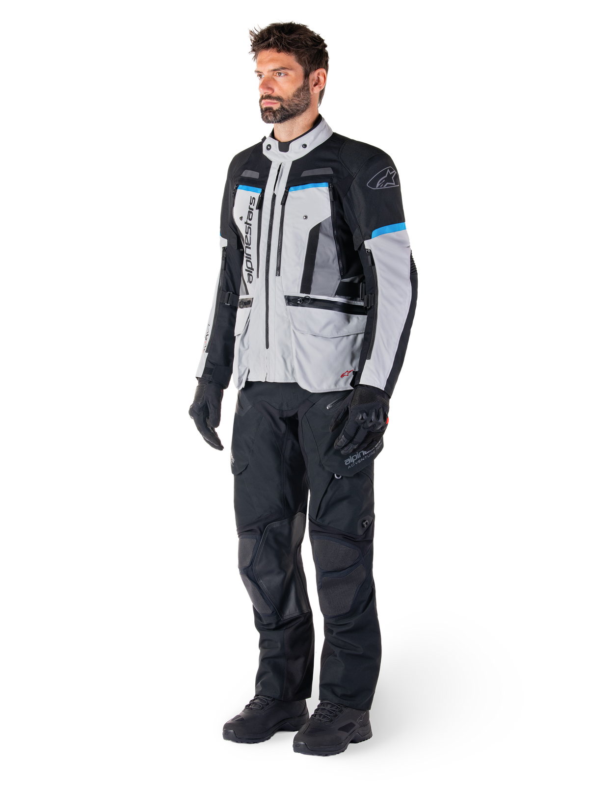 Alpinestars Bogota' Pro Drystar® jakke, herre adventure touring-jakke i isgrå og sort med cyan, Tech-Air® Ready.