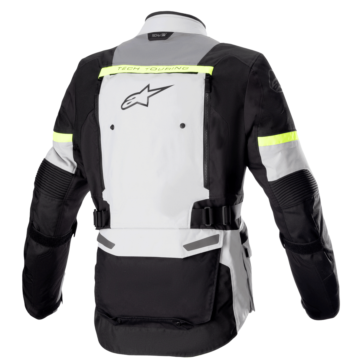 Alpinestars Bogota' Pro Drystar® jakke, set bagfra, isgrå, mørkegrå og fluorescerende gul, med et stort ventilationspanel på ryggen, fluorescerende gule refleksdetaljer og justerbare taljeremme, motorcykel adventure touring-udstyr
