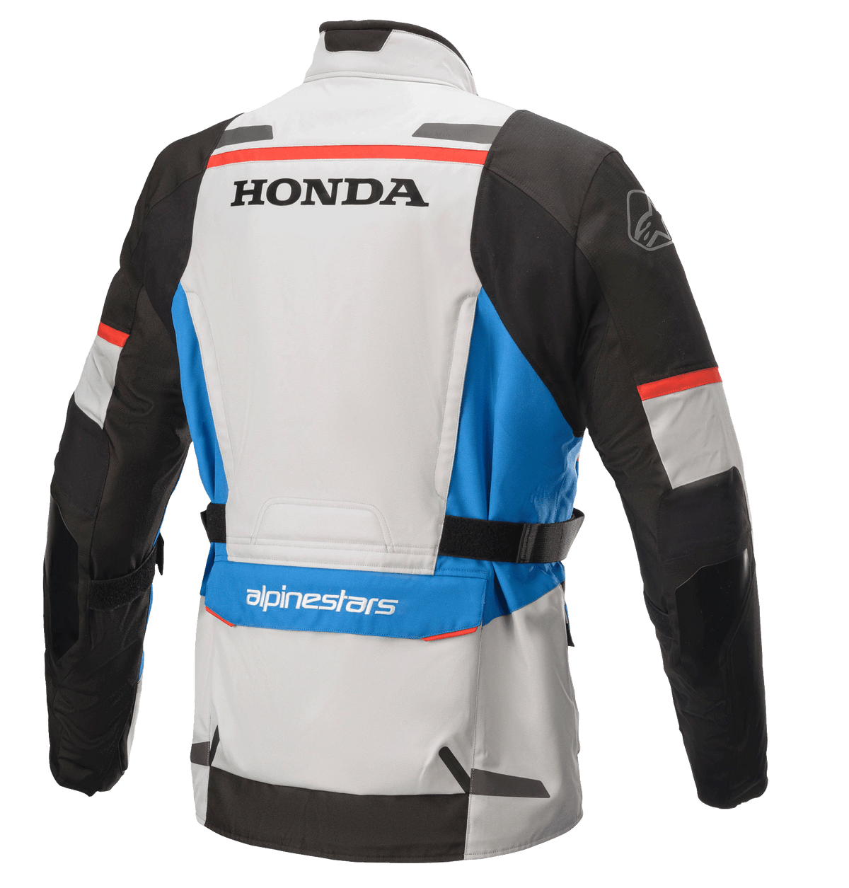 Alpinestars Honda Andes V3 Drystar® jakke, tekstil adventure touring-jakke, Ice Gray Blue Bright Red, set bagfra med Honda- og Alpinestars-logoer, med sorte ærmer, blå detaljer og justerbare taljestropper