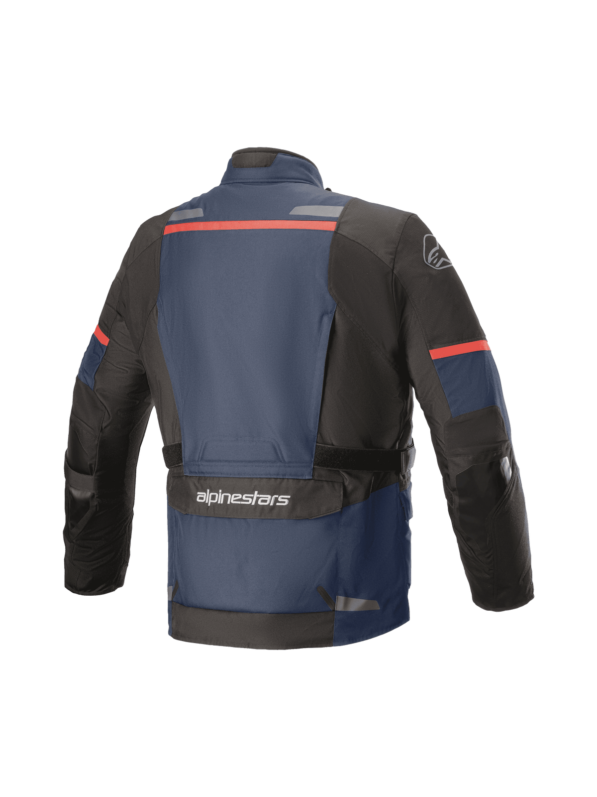 Alpinestars Andes V3 Drystar®-jakke, adventure touring motorcykeljakke, set bagfra, mørkeblå og sort med røde detaljer, med en stor nyttelomme på lænden med Alpinestars-branding, reflekterende striber på ryggen og forstærkede albuesektioner.