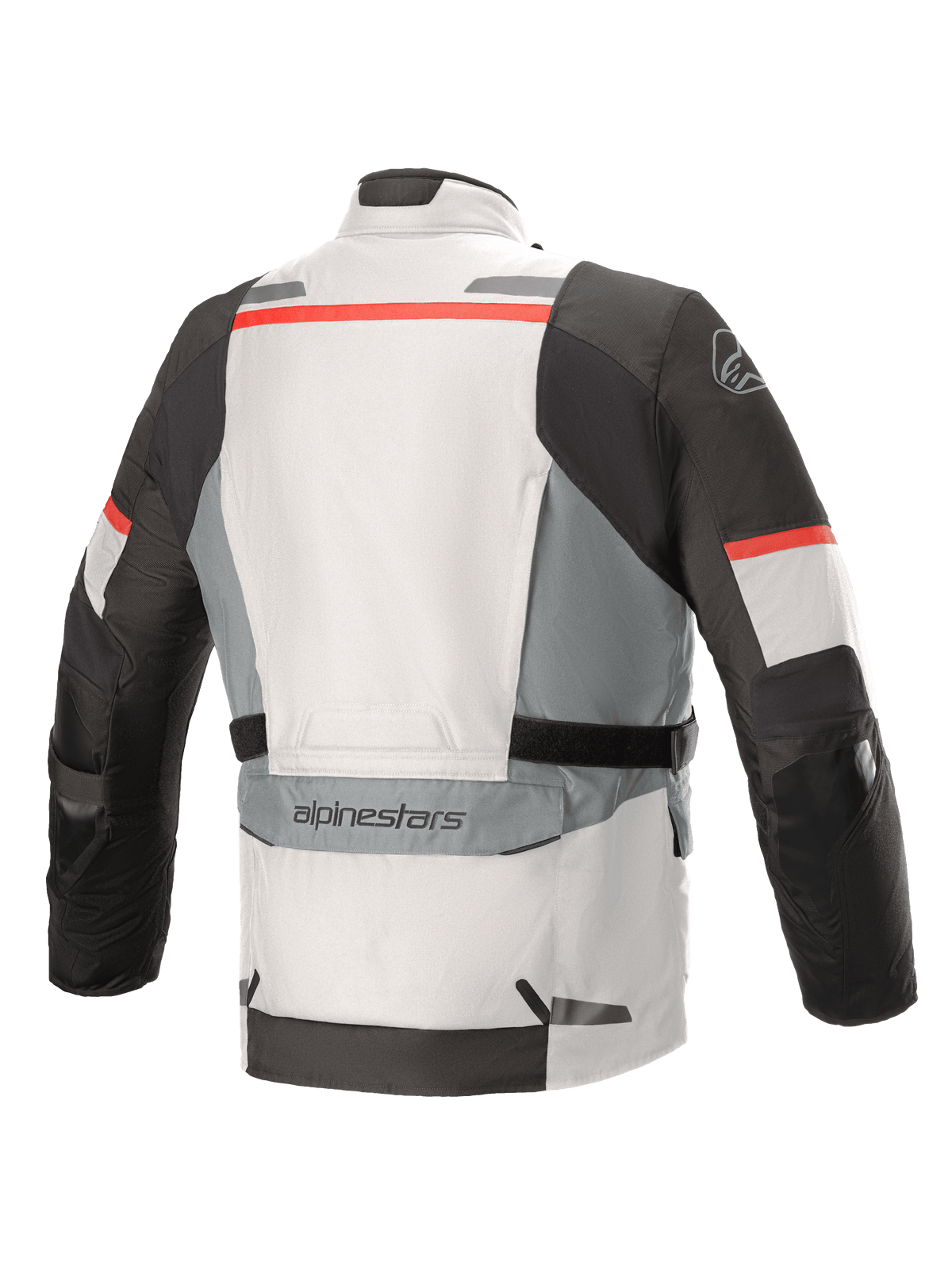 Alpinestars Andes V3 Drystar® Jacket, Ice Gray and Dark Gray with red accents, back view featuring a large utility pocket on the lower back, adjustable waist straps, and reflective detailing on the shoulders and hem.