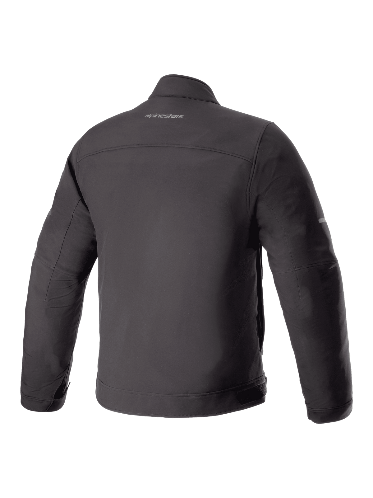 Alpinestars Husker Waterproof Jacket, Motorcycle Jacket, Black, back view featuring matte softshell material and centered Alpinestars wordmark logo on the upper back, urban technical design.