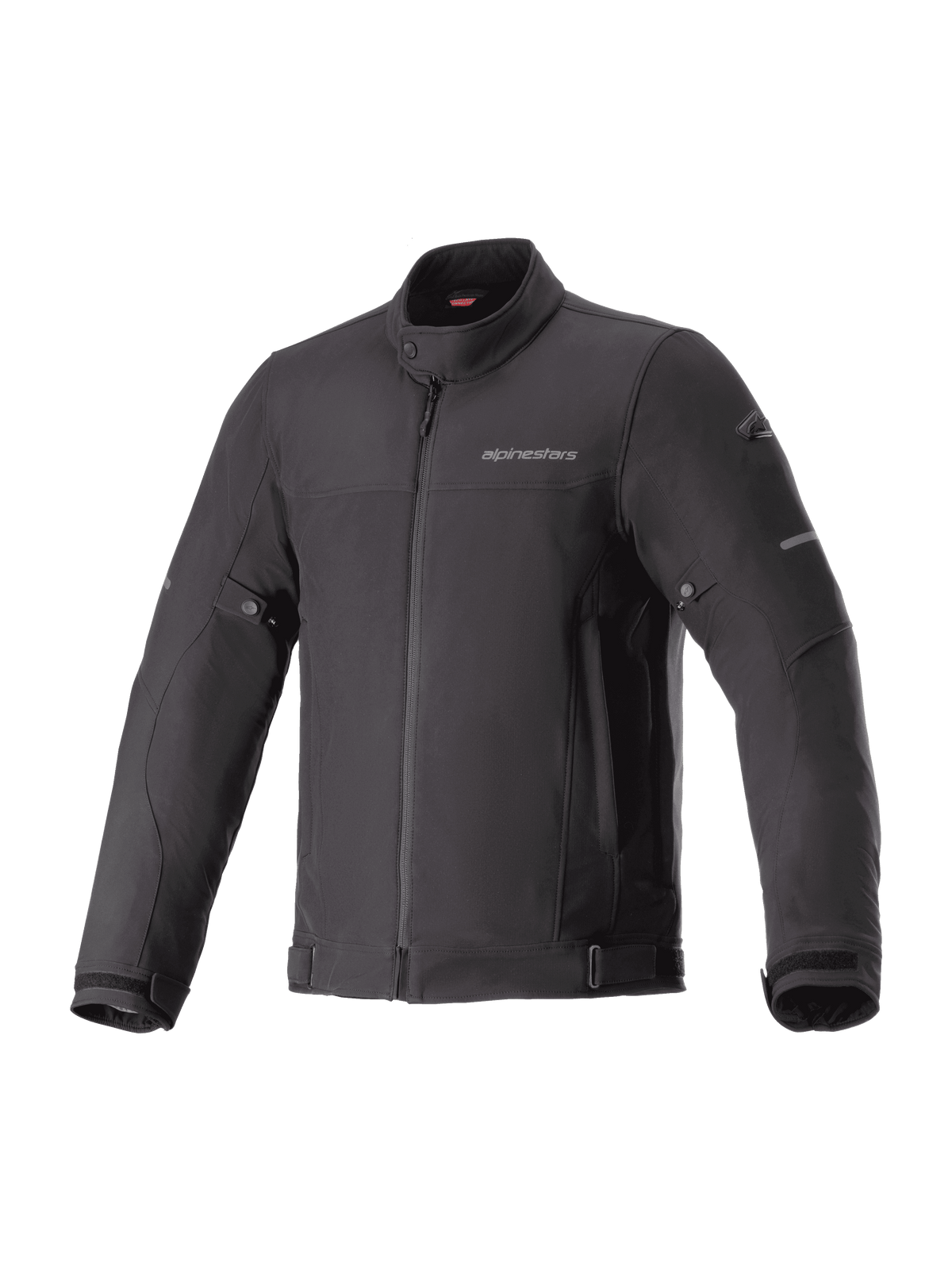 Alpinestars Husker Waterproof Jacket, Black urban motorcycle jacket, high-density softshell fabric, high collar with snap button, full-zip front, adjustable waist and cuff straps, subtle chest branding and reflective sleeve accents.