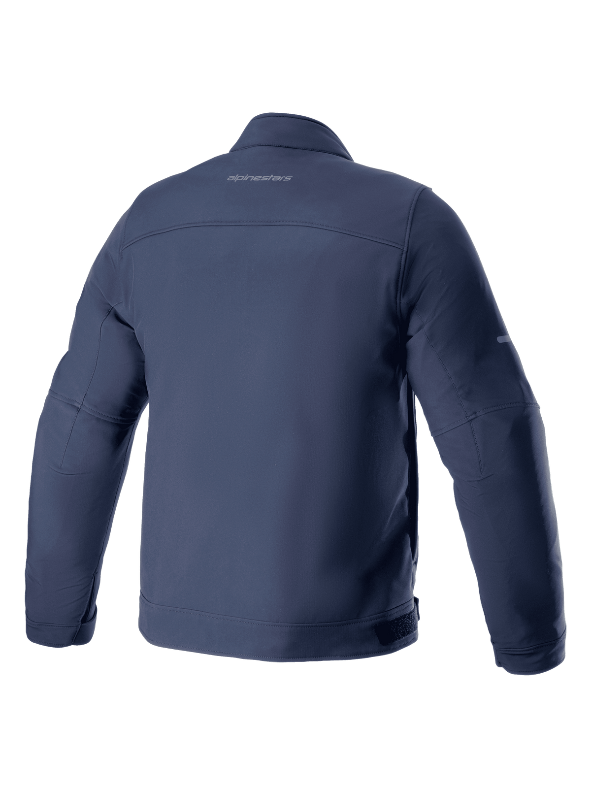 Alpinestars Husker Waterproof Jacket, motorcykeljakke, Night Navy, set bagfra, strækbart softshell-tekstil med diskret branding på den øverste del af ryggen, urbant design med vandtætte og vindtætte egenskaber