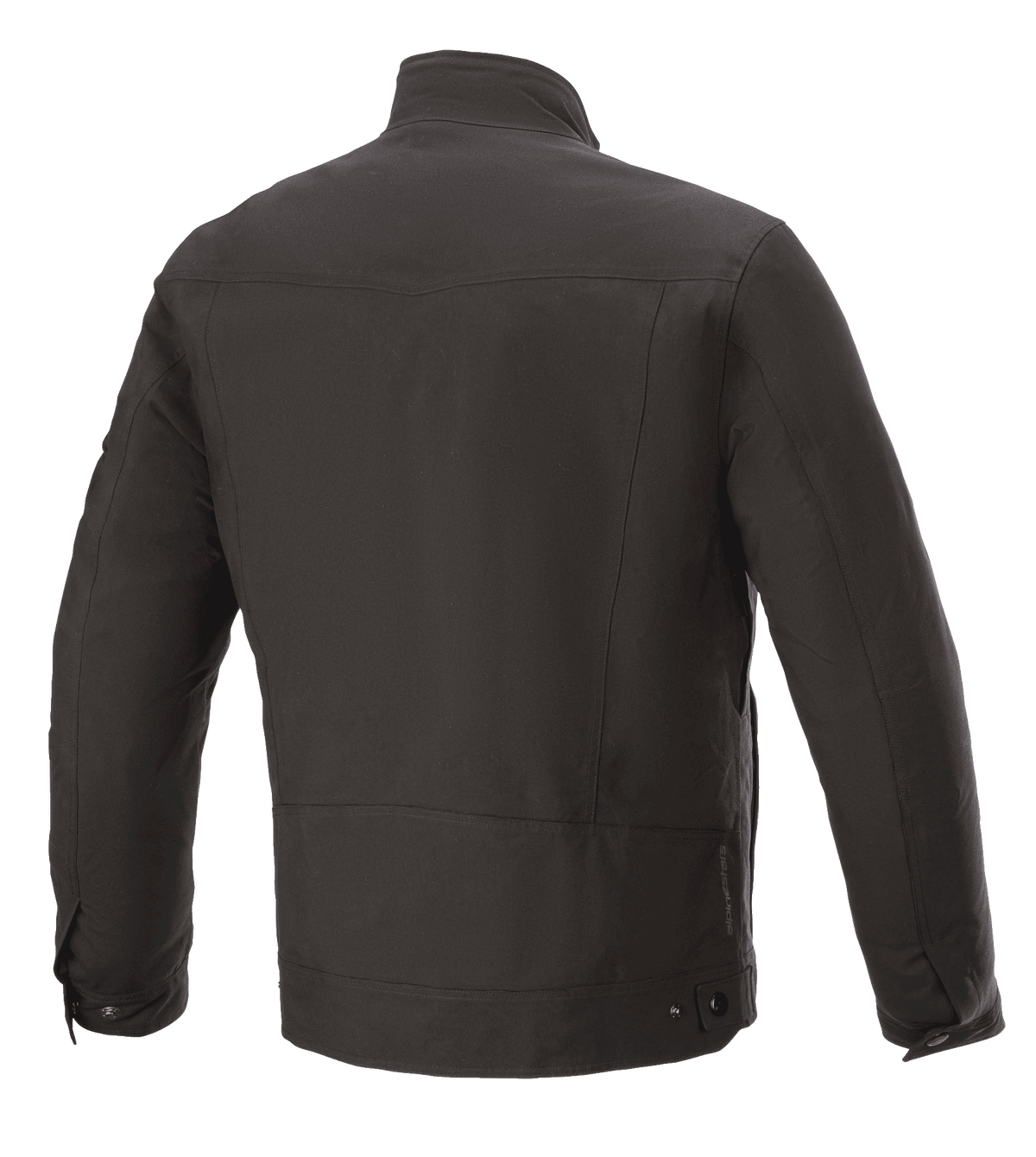 Alpinestars Solano Waterproof Jacket, sort, set bagfra, afslappet urban motorcykeljakke, vandtæt tekstilkonstruktion, lige krave, subtil logodetalje nederst på ryggen
