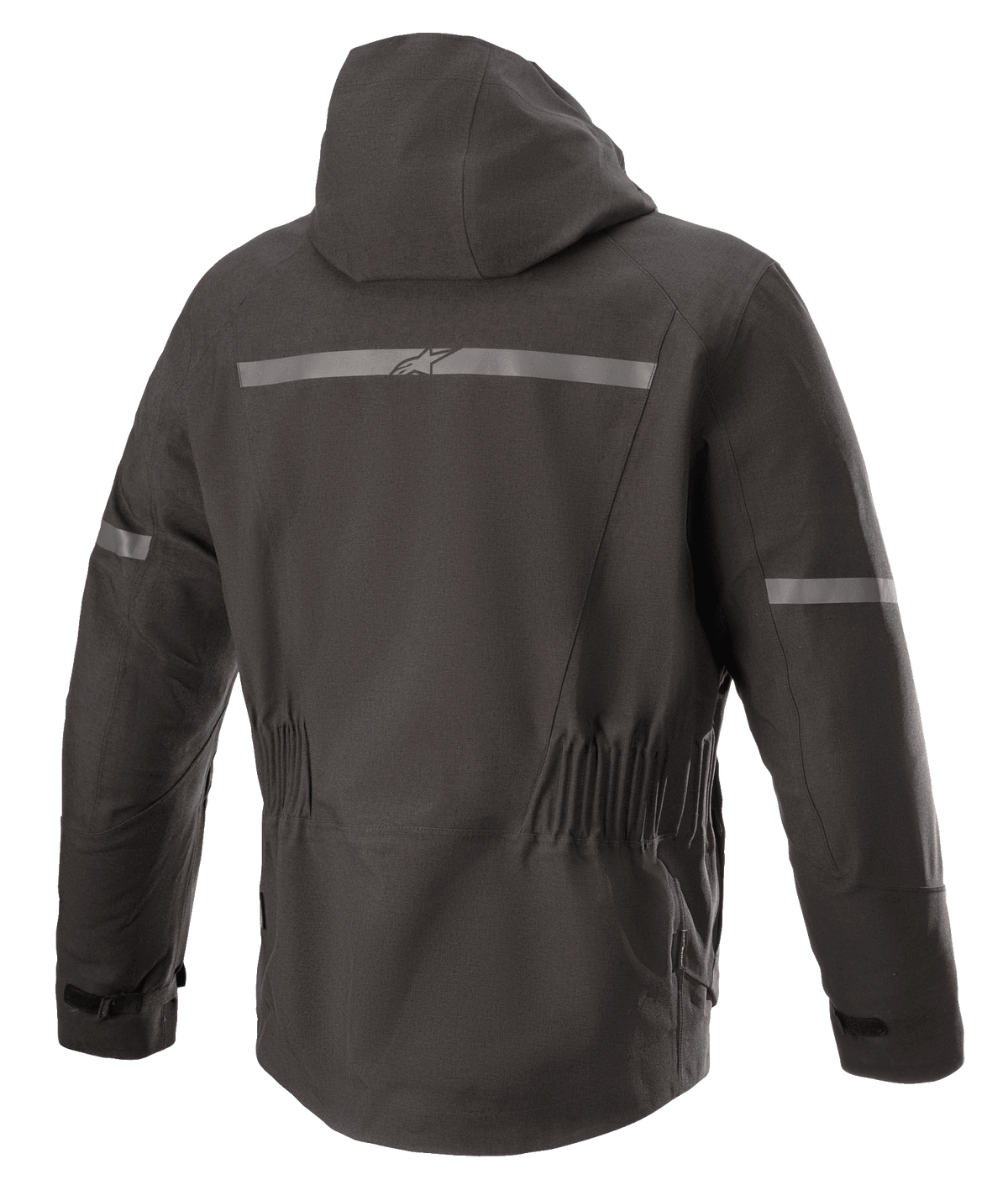 Alpinestars Sirius Drystar® Techshell jakke, motorcykeljakke, Melange Black, set bagfra med integreret hætte, refleksstribe med Alpinestars-logo, elastisk talje og forlænget ryg for dækning under kørsel.