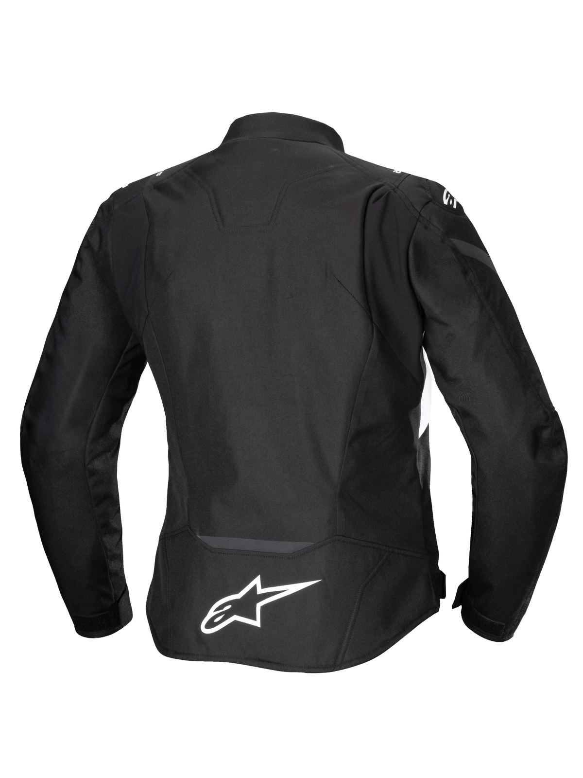 Alpinestars Stella T-Jaws V4 vandtæt jakke, motorcykeljakke til damer, sort med hvide detaljer, set bagfra med hvidt Alpinestars-logo nederst på ryggen, strømlinet sport-fit tekstildesign