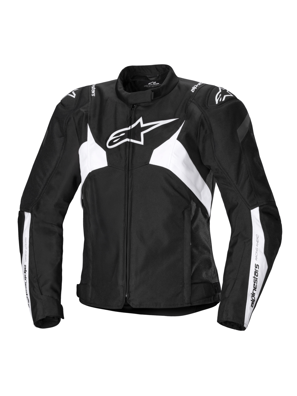 Alpinestars Stella T-Jaws V4 vandtæt jakke, sport-motorcykeljakke til damer, sort og hvid, med et fremtrædende hvidt stjernelogo på brystet, vinklede hvide paneler på torso og ærmer samt GP Lite-skulderforstærkninger i en tætsiddende 3D-sportsilhuet.