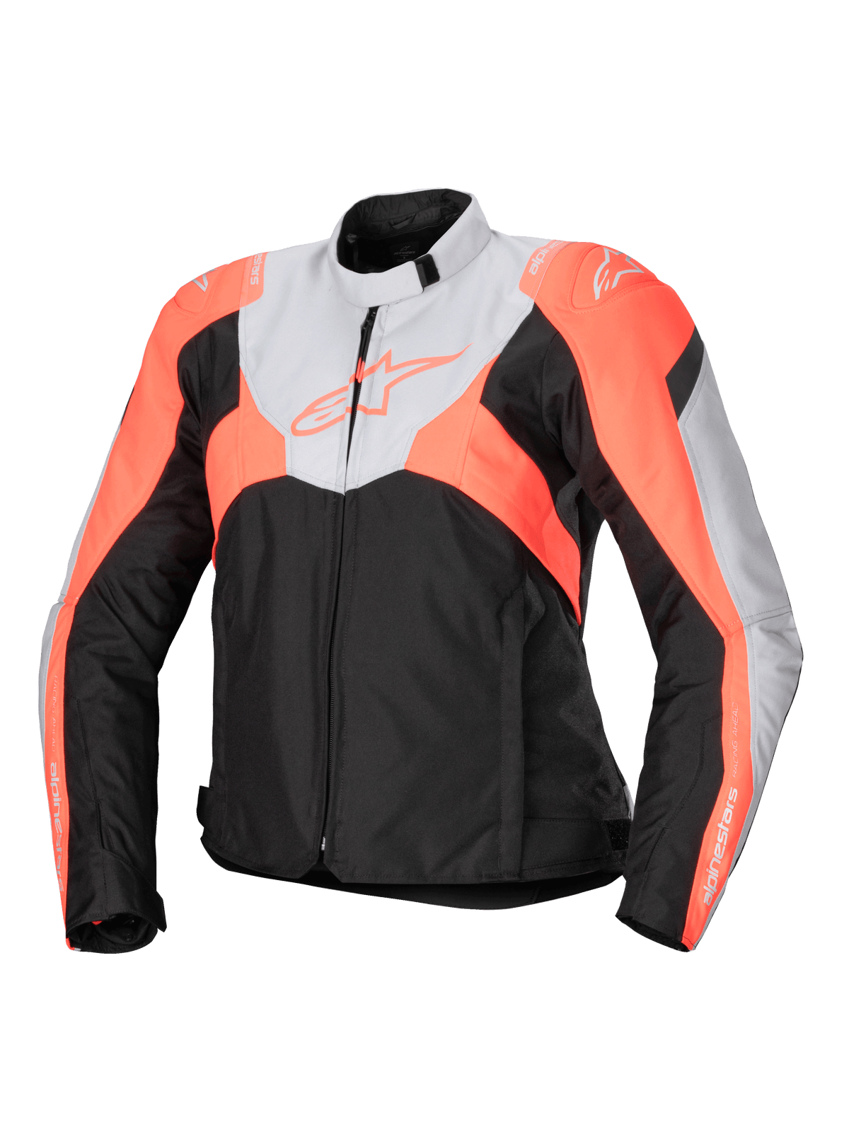Alpinestars Stella T-Jaws V4 Waterproof Jacket, Women's Sport Textile Motorcycle Jacket, Black, Ice Gray, and Fluo Coral, featuring a high collar, front zipper, angular color blocks, and branding on chest and sleeves