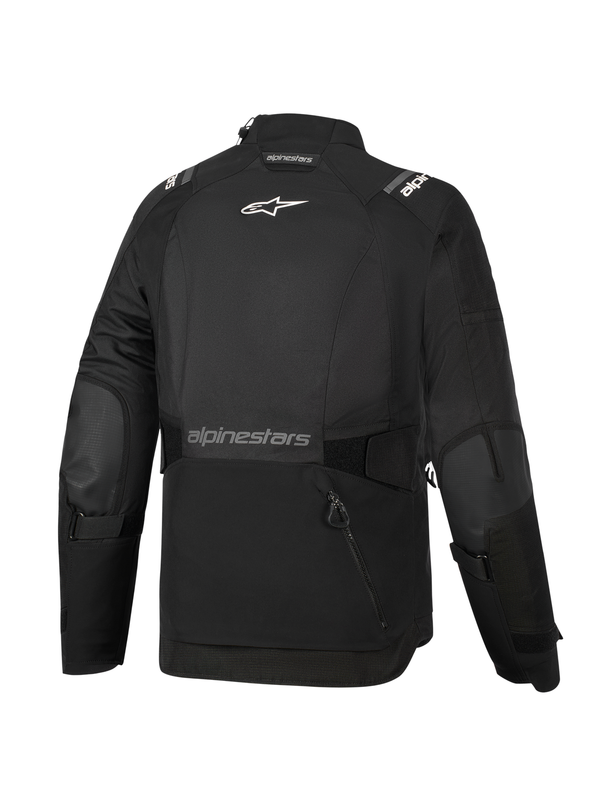 Alpinestars Stella Andes V4 Drystar® jakke til damer, sort, set bagfra, stor opbevaringslomme bagpå, hvidt Alpinestars-logo på øverste del af ryggen og tekstbranding på nederste del af ryggen, justerbare talje- og ærmeremme, holdbar adventure touring-tekstiljakke